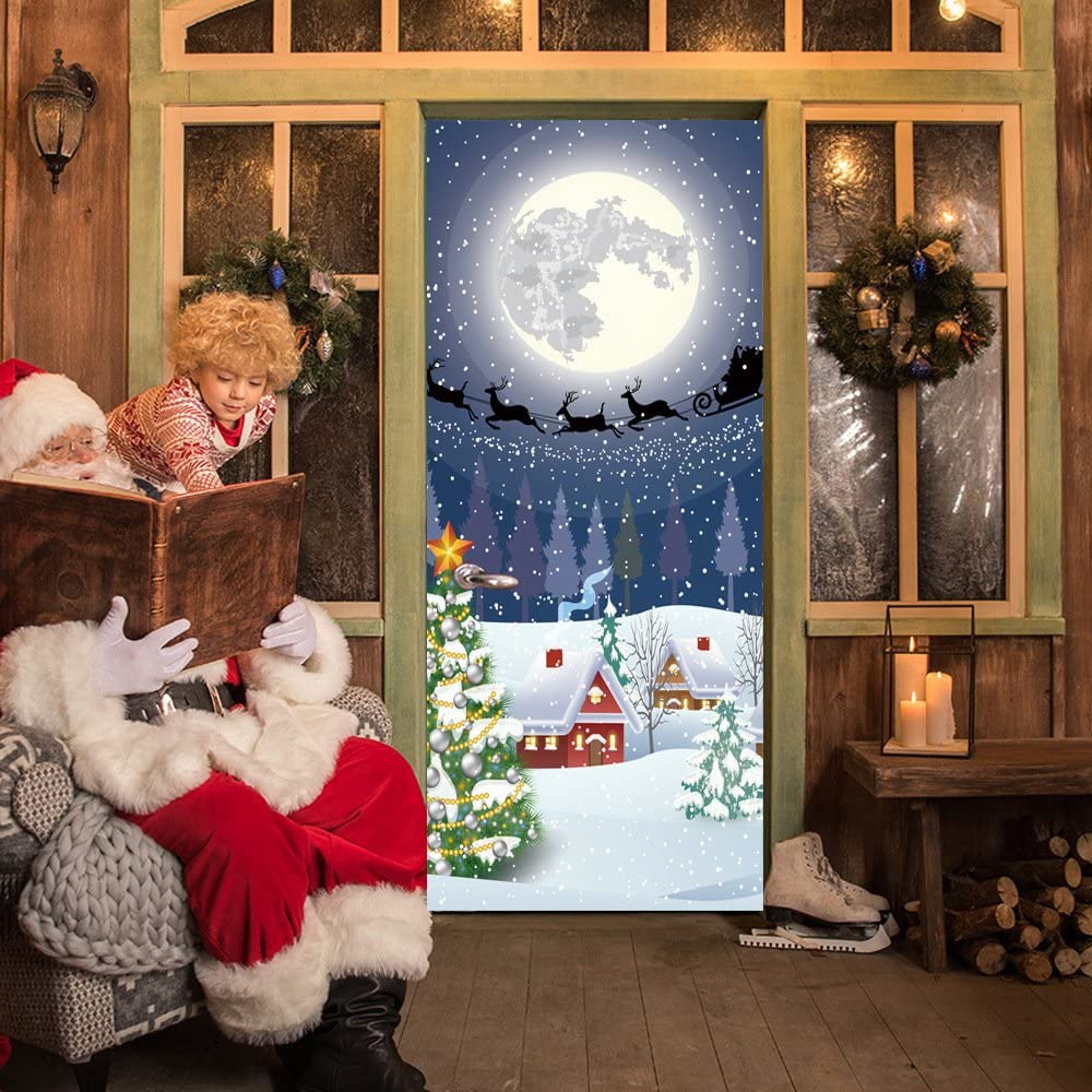 1000x1000 3D Christmas Door Decals Removable Christmas Door Stickers Decor Door Wall Mural Wallpaper Removable Door Cover Decoration Vinyl Wall Stickers for Door: Home & Kitchen