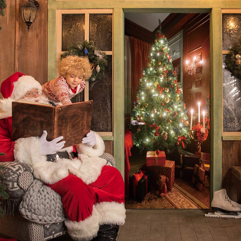 1000x1000 VANCORE 3D Door Wallpaper Murals Wall Stickers, Door Christmas Stickers, Self Adhesive Vinyl Removable Art Door Decals 30.3x78. Christmas Tree: Home & Kitchen