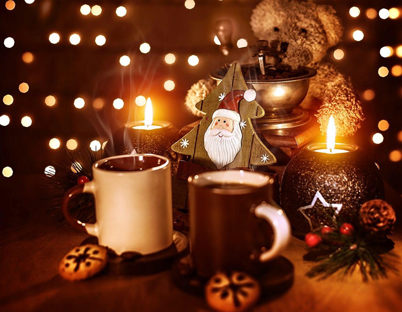 1316x1024 Wallpaper Christmas Coffee Teddy bear Candles Stemware Toys Holidays