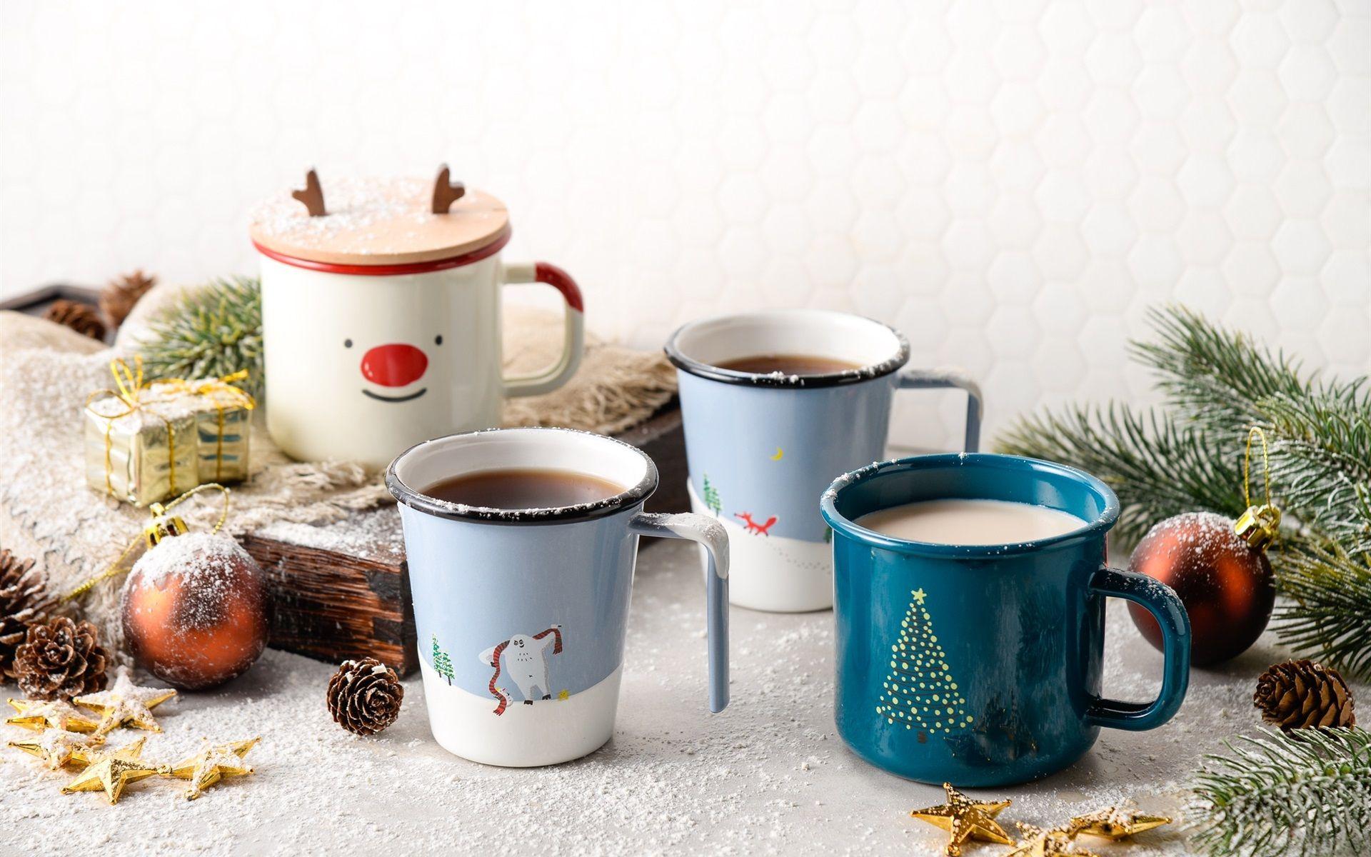 1920x1200 Wallpaper Four cups of coffee, spruce twigs, balls, gift, Christmas 1920x1200 HD Picture, Image