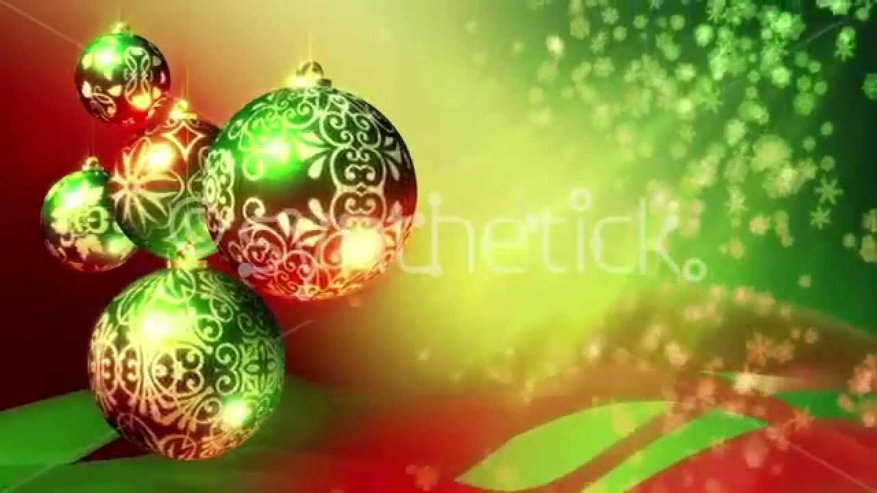 1280x720 Christmas background loop. Red, green and gold Christmas balls and snowflakes