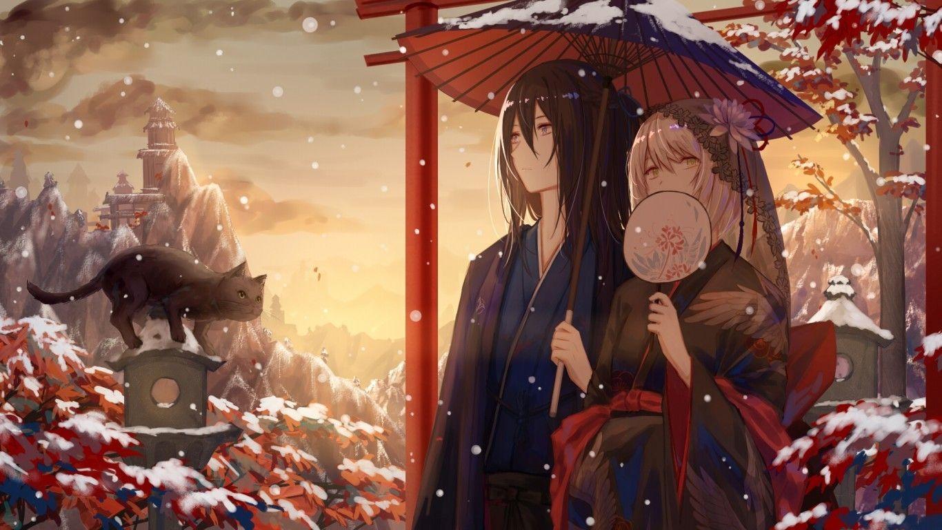 1366x768 Download 1366x768 Anime Couple, Snow, Umbrella, Torii, Scenic Wallpaper for Laptop, Notebook