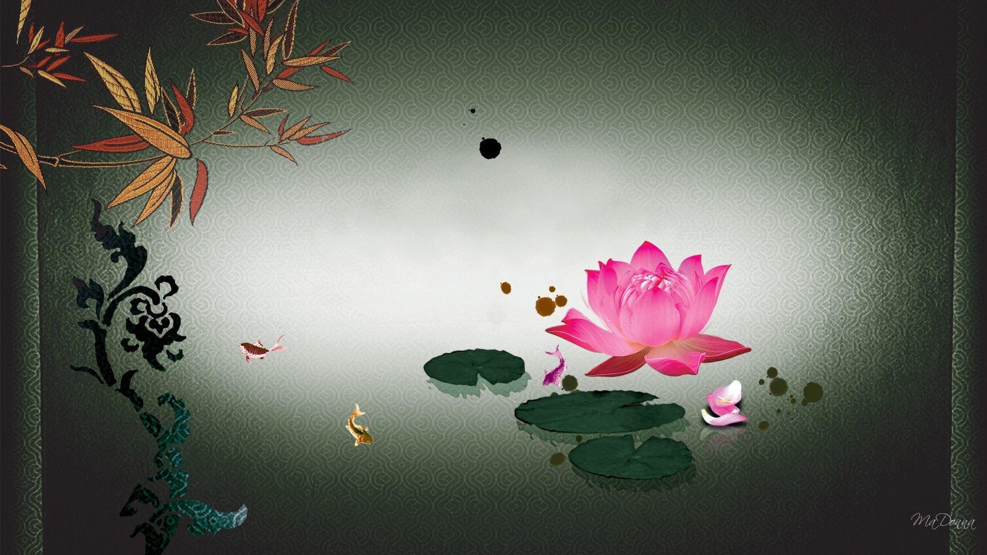 1920x1080 Flowers: Persona Bamboo Water Koi Oriental Fish Pads Abstract