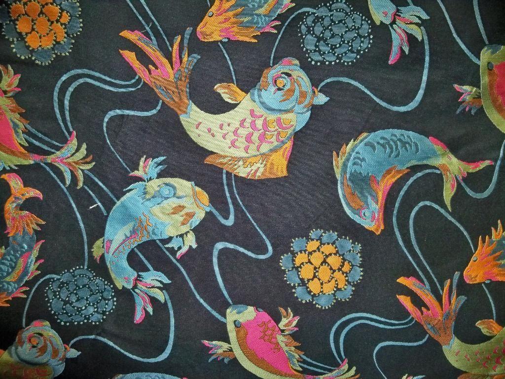 1024x768 STUNNING KOI FISH GOOD LUCK TOILE BROCADE FABRIC BLACK BLUE PINK GREEN
