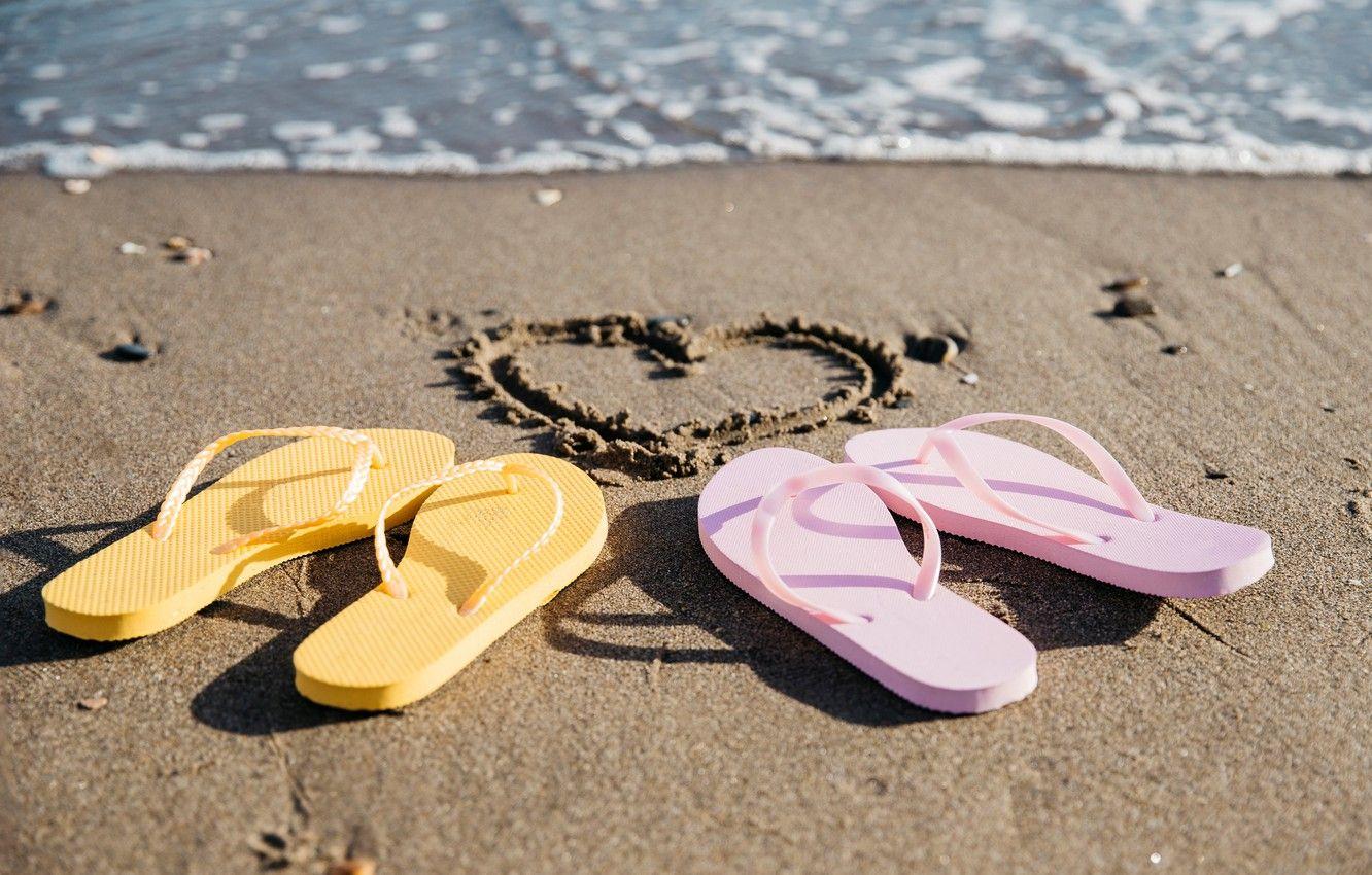 1332x850 Wallpaper sand, sea, beach, the sun, heart, bokeh, slates, flip flops image for desktop, section настроения
