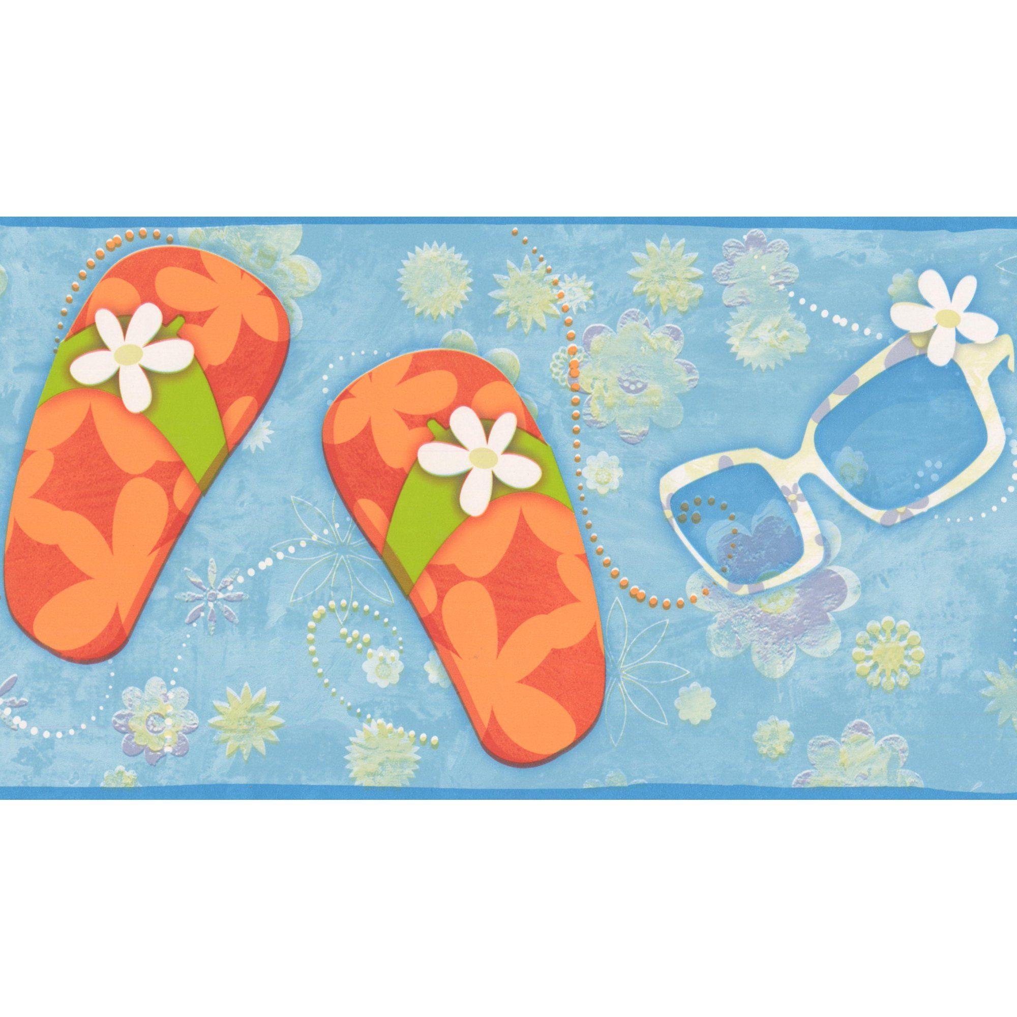 2000x2000 Beach Flip Flops Sunglasses Flowers Blue Wallpaper Border for Kids, Roll 15' x 7''