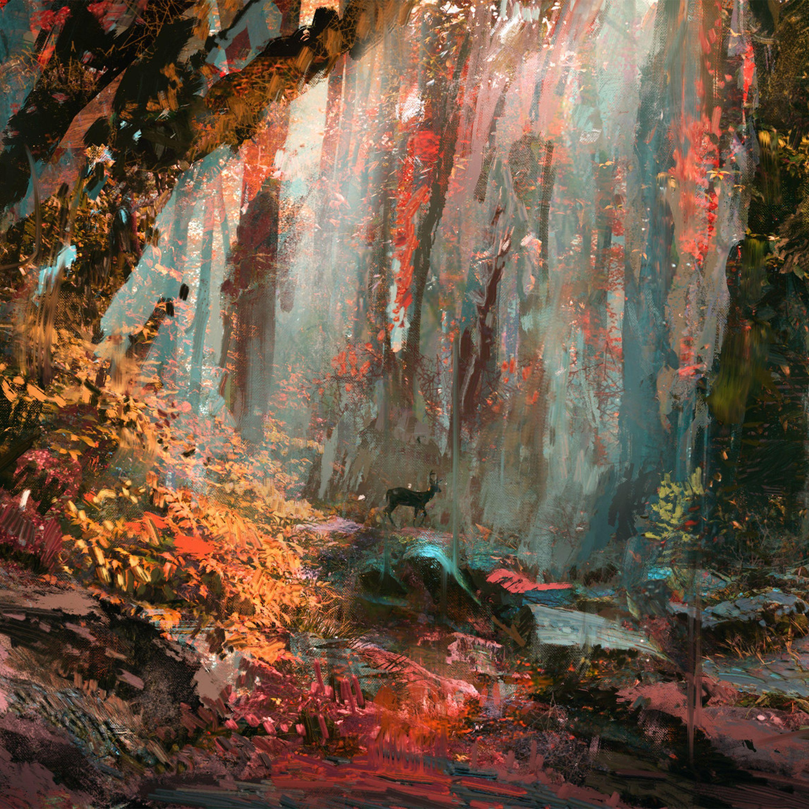 2732x2732 Rain Deer Forest Illustration Art Wadim Kashin Wallpaper