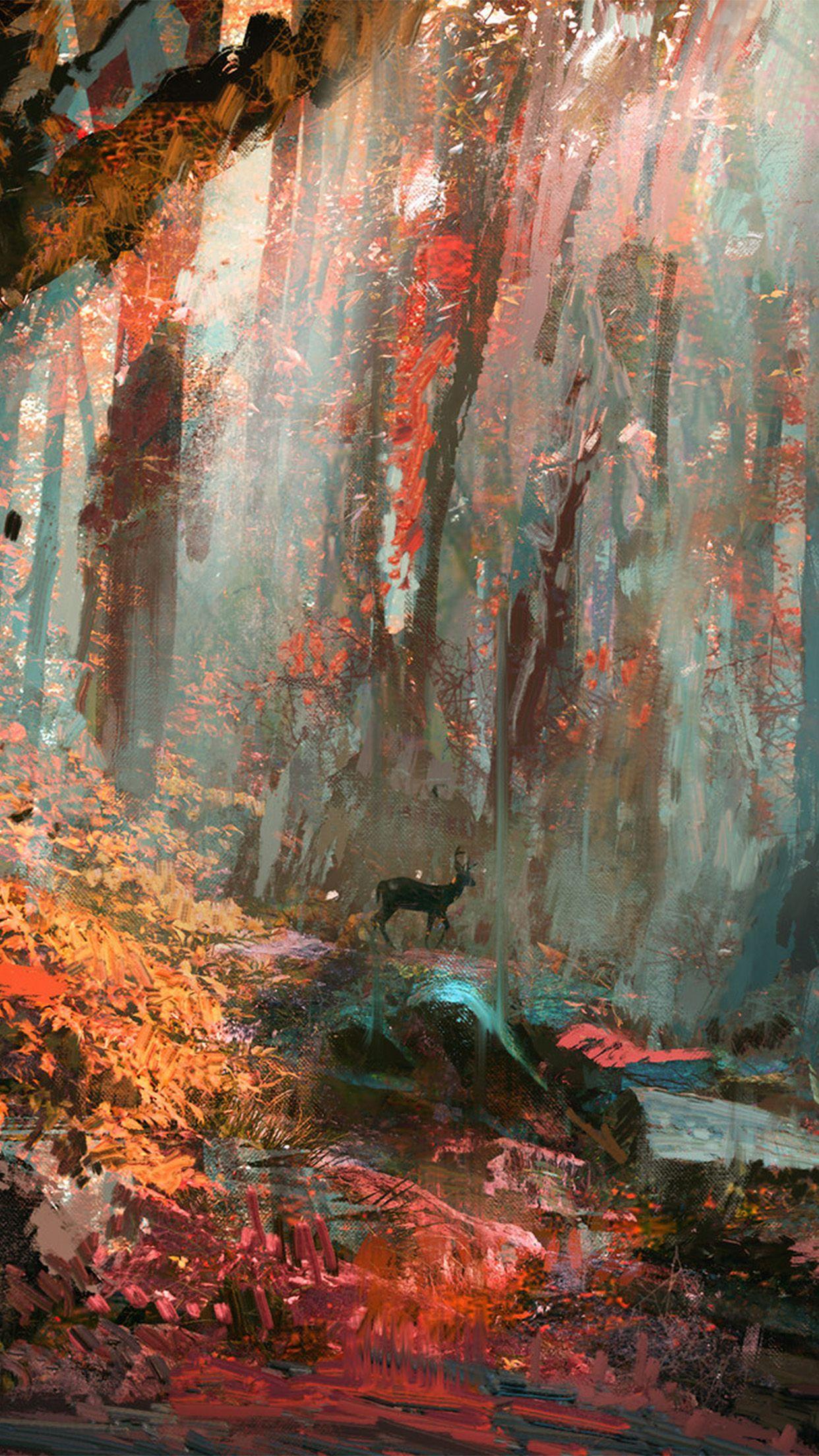 1242x2208 iPhone7 wallpaper. rain deer forest illustration art wadim kashin