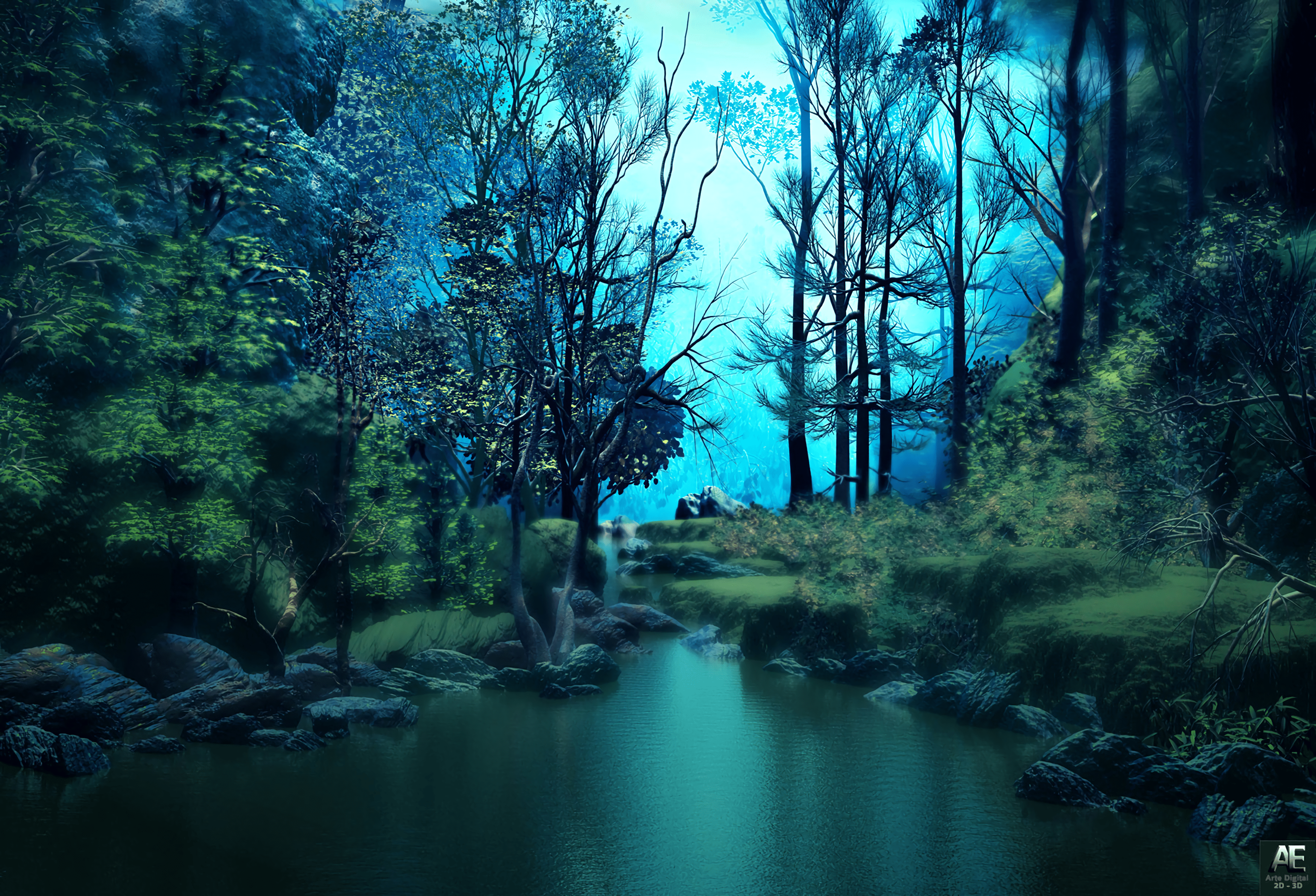 3570x2430 Download wallpaper 3570x2430 forest, pond, water, trees, art HD background