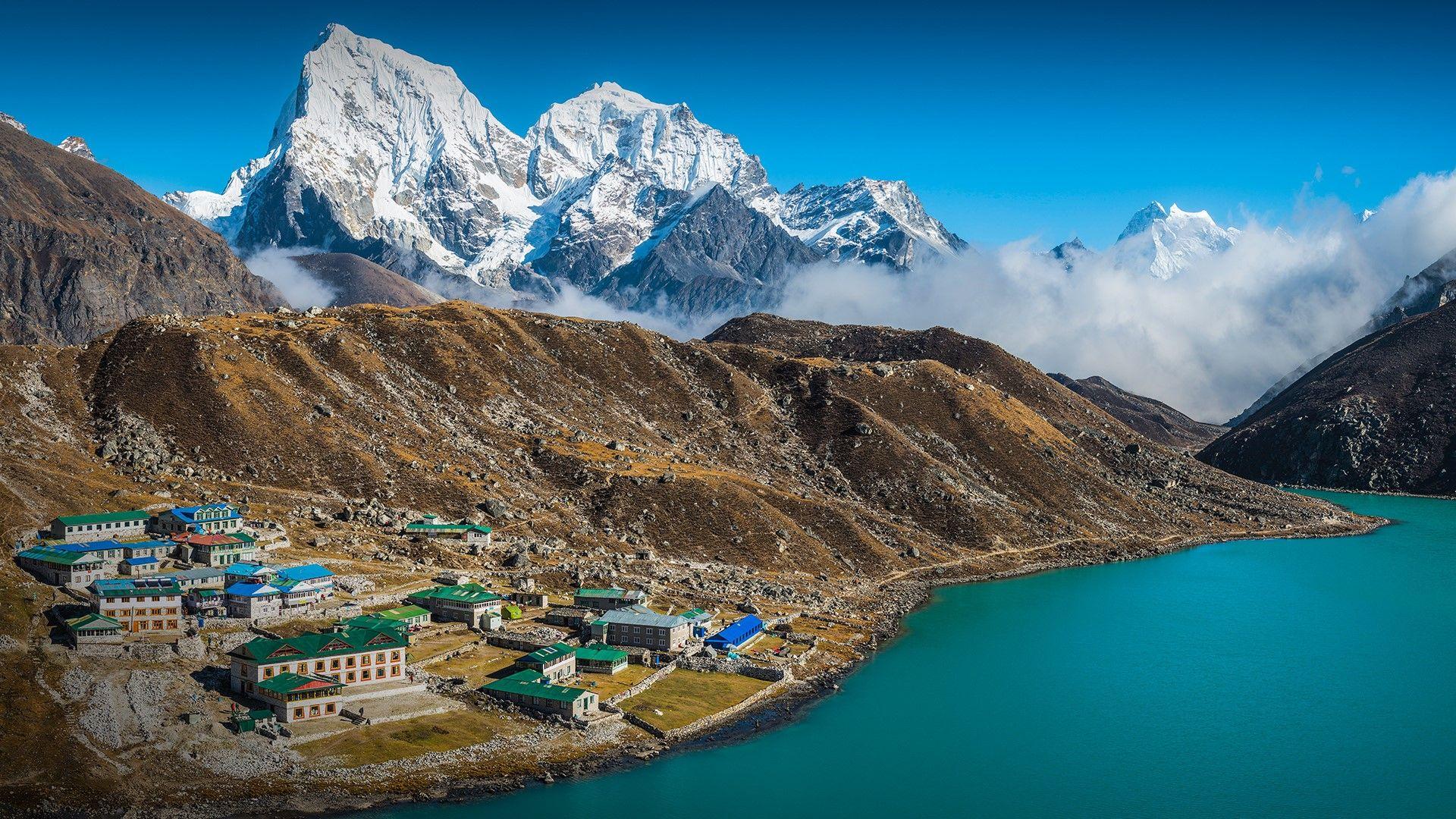 1920x1080 Lake Landscape Nepal Himalayas Snowy Mountain Snowy Peak Rocks Clouds Sky Tea House Wallpaper:1920x1080