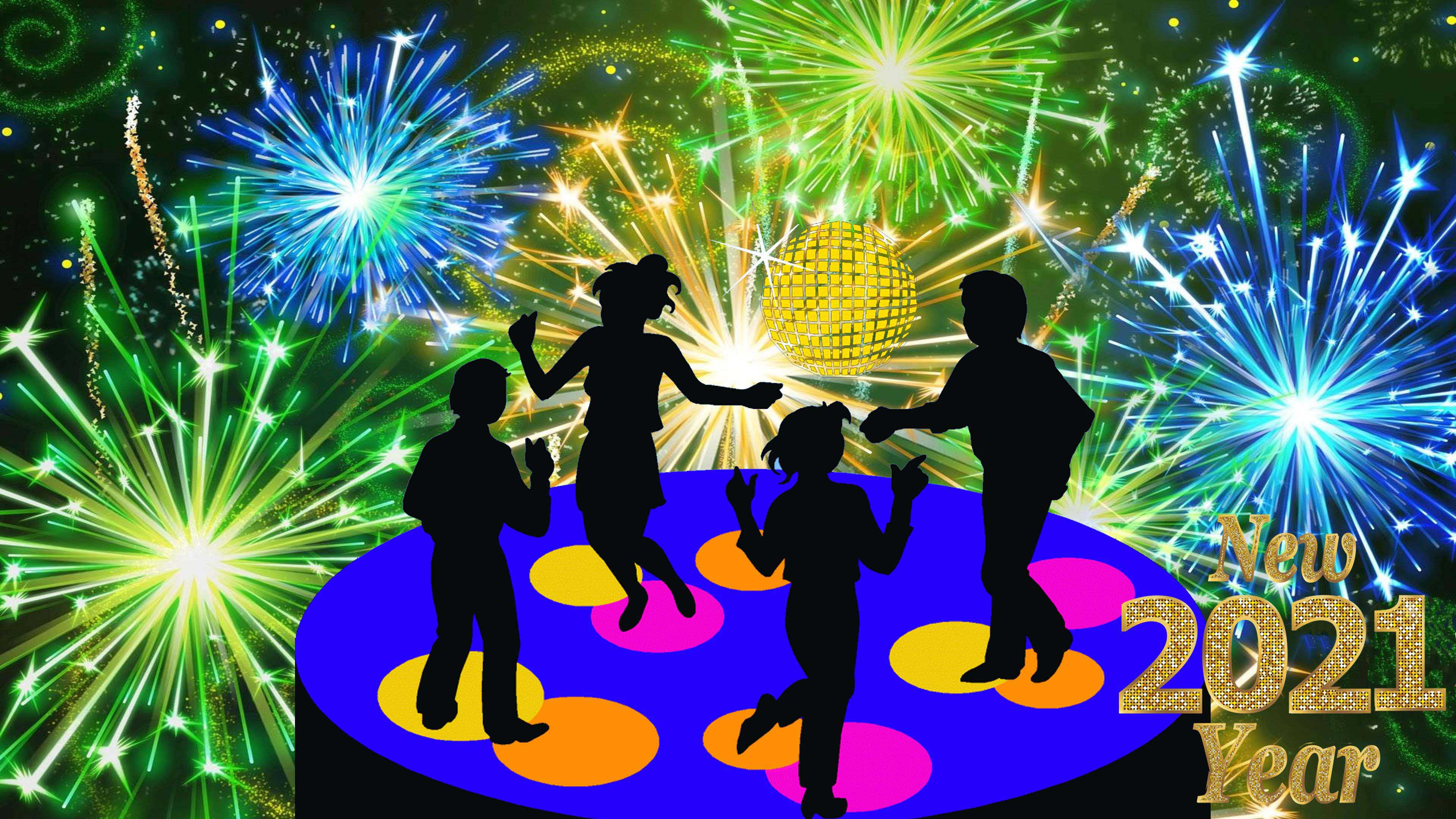 3840x2160 New Year's Eve 2021 Disco Music Dancing Celebration Fireworks Greeting Card New Year HD Wallpaper For Mobile Phones And Computer :