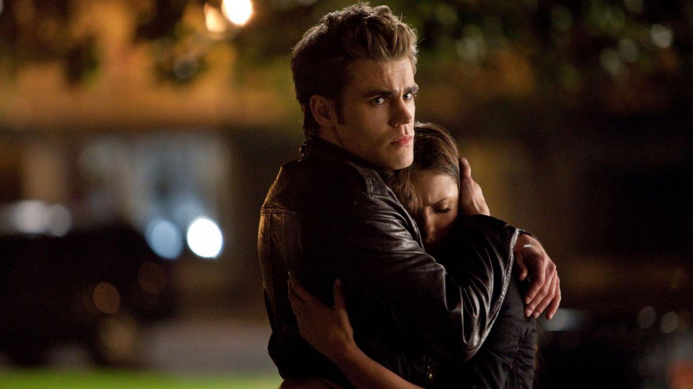 1366x768 Stefan and Elena Hug Vampire Diaries Wallpaper