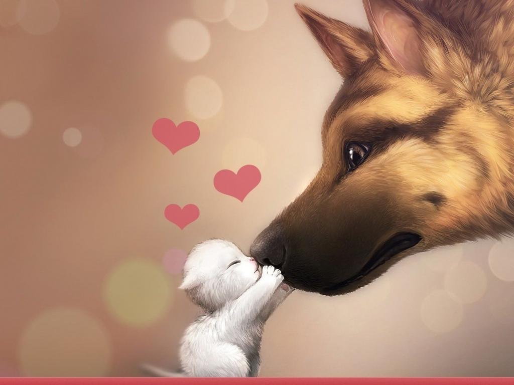 1024x768 Cat And Dog Valentine's Day Wallpaper