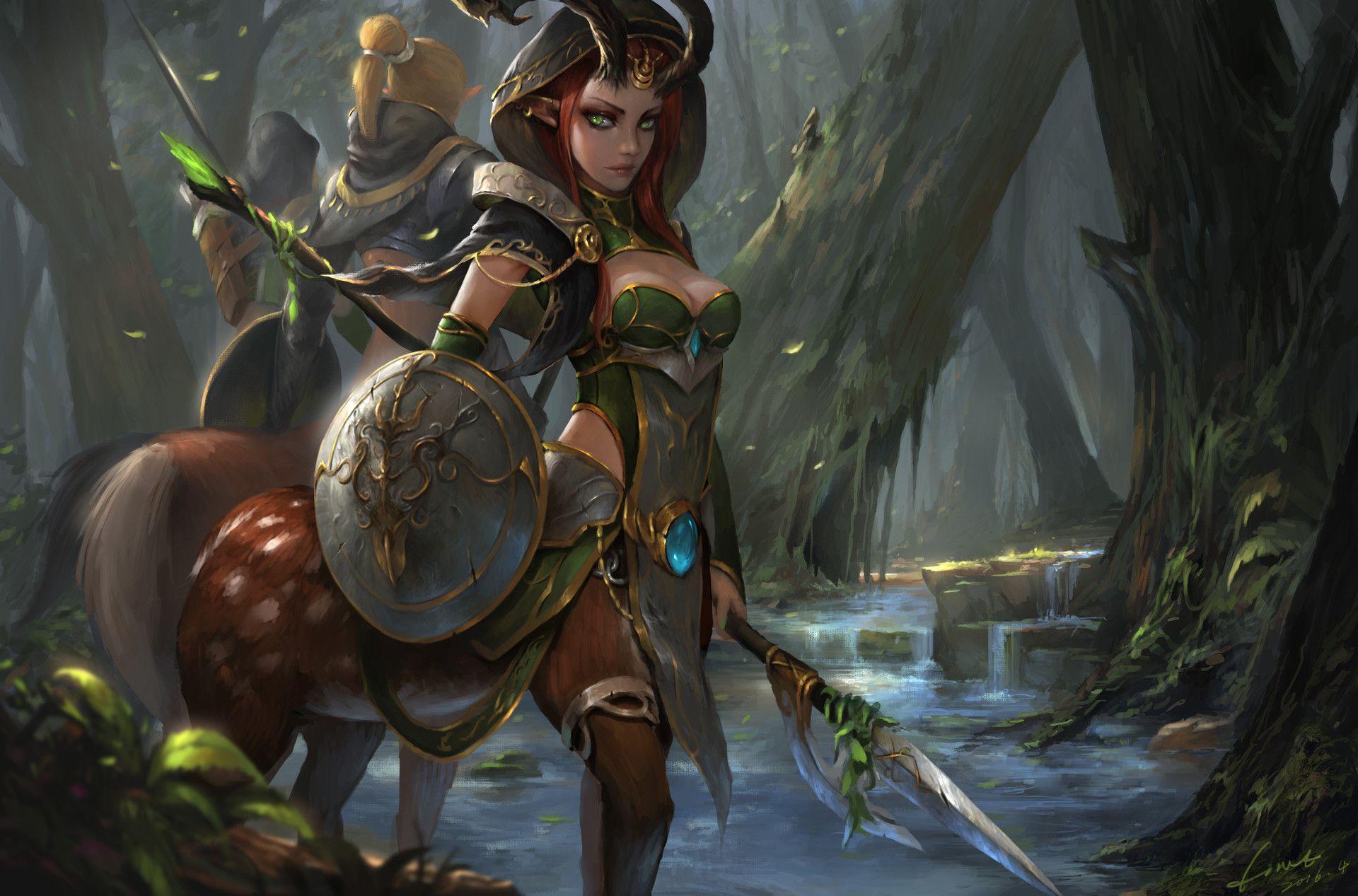 1920x1267 Download wallpaper fantasy Centaur with tags: Green Eyes, Woman, Background, Free, Windows XP, Fantasy, Forest, Horns, Warrior, Shield, Centaur, Pointed Ears