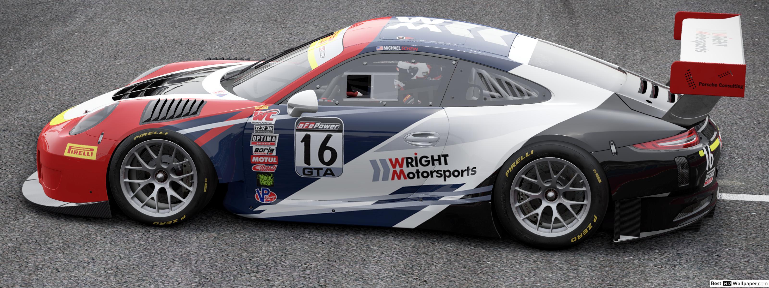 3200x1200 White and red Porsche 911 racing car HD wallpaper download