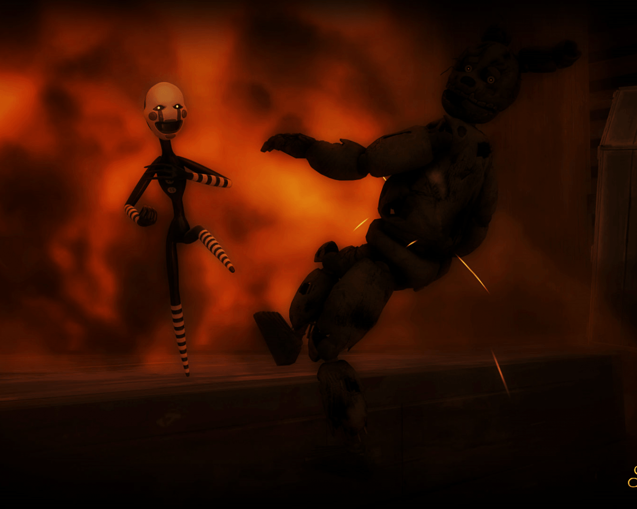 1280x1024 Free download FNAF 3 Marionette vs Springtrap Wallpaper by DrGenocideSFM on [1920x1080] for your Desktop, Mobile & Tablet. Explore Awesome FNAF Wallpaper. FNAF Free Wallpaper, Cute Fnaf Wallpaper, Set Wallpaper FNAF 3