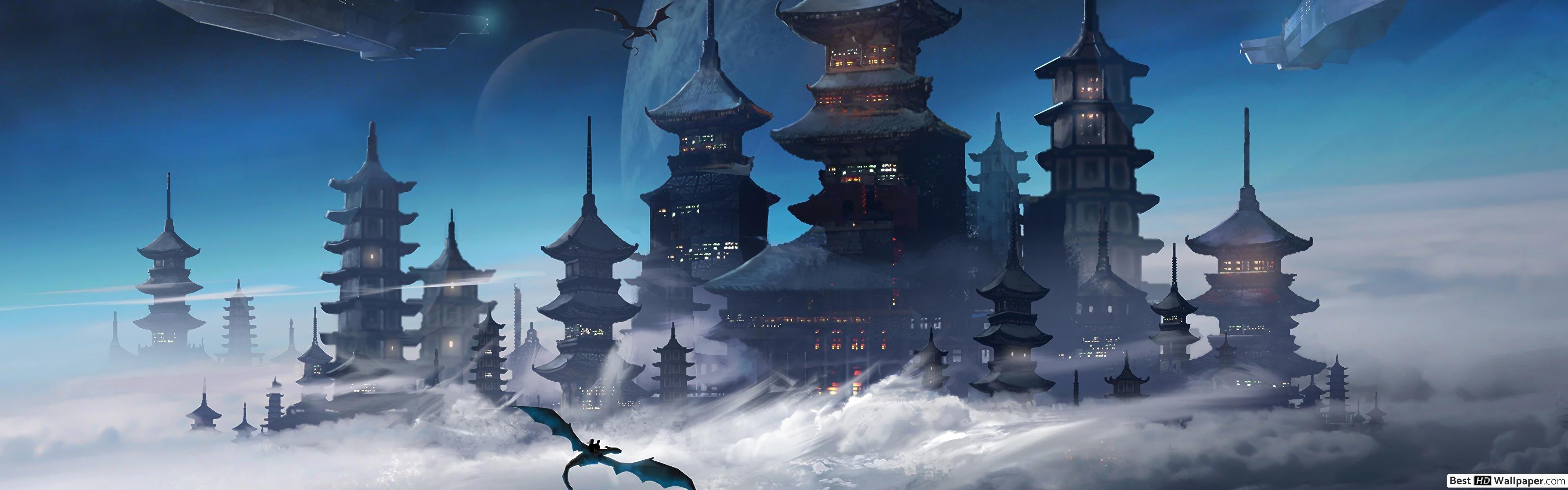 3840x1200 Japanese Castle Fantasy HD wallpaper download
