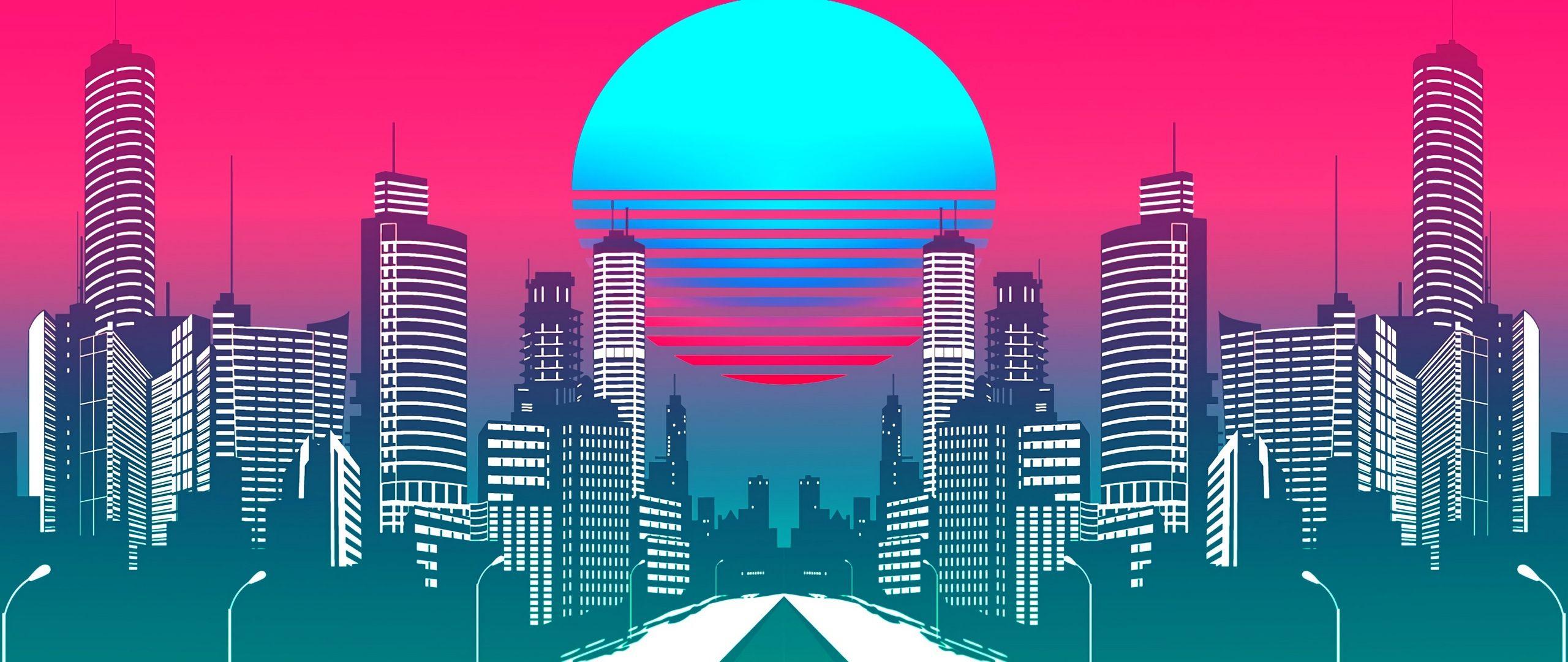 2560x1080 Wallpaper City, Art, Retrowave, Synthwave, Retro City Wallpaper 4k