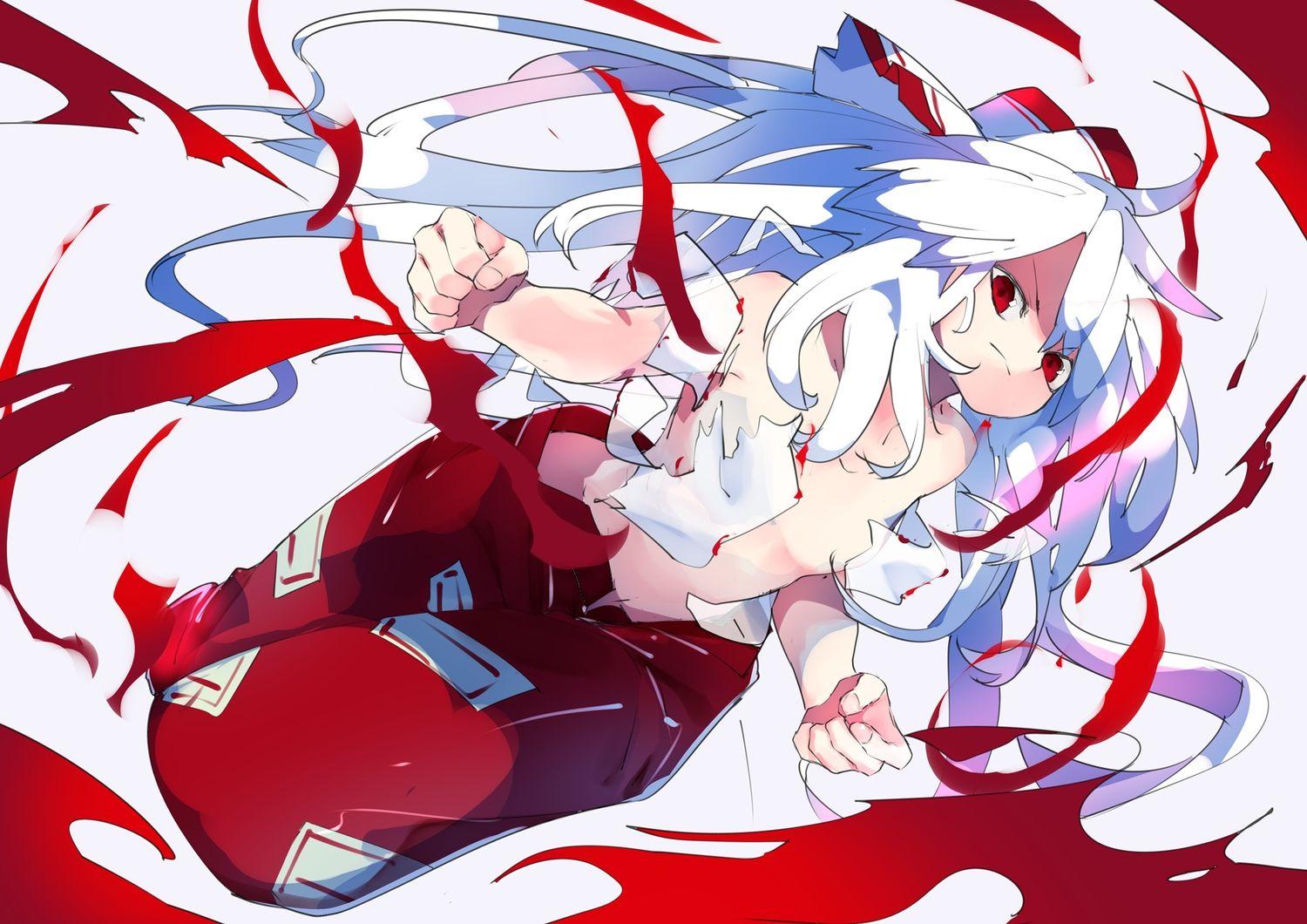 1500x1060 bow fujiwara no mokou ikurauni long hair no bra ofuda punch red eyes topless torn clothes touhou white hair. konachan.com.com Anime Wallpaper