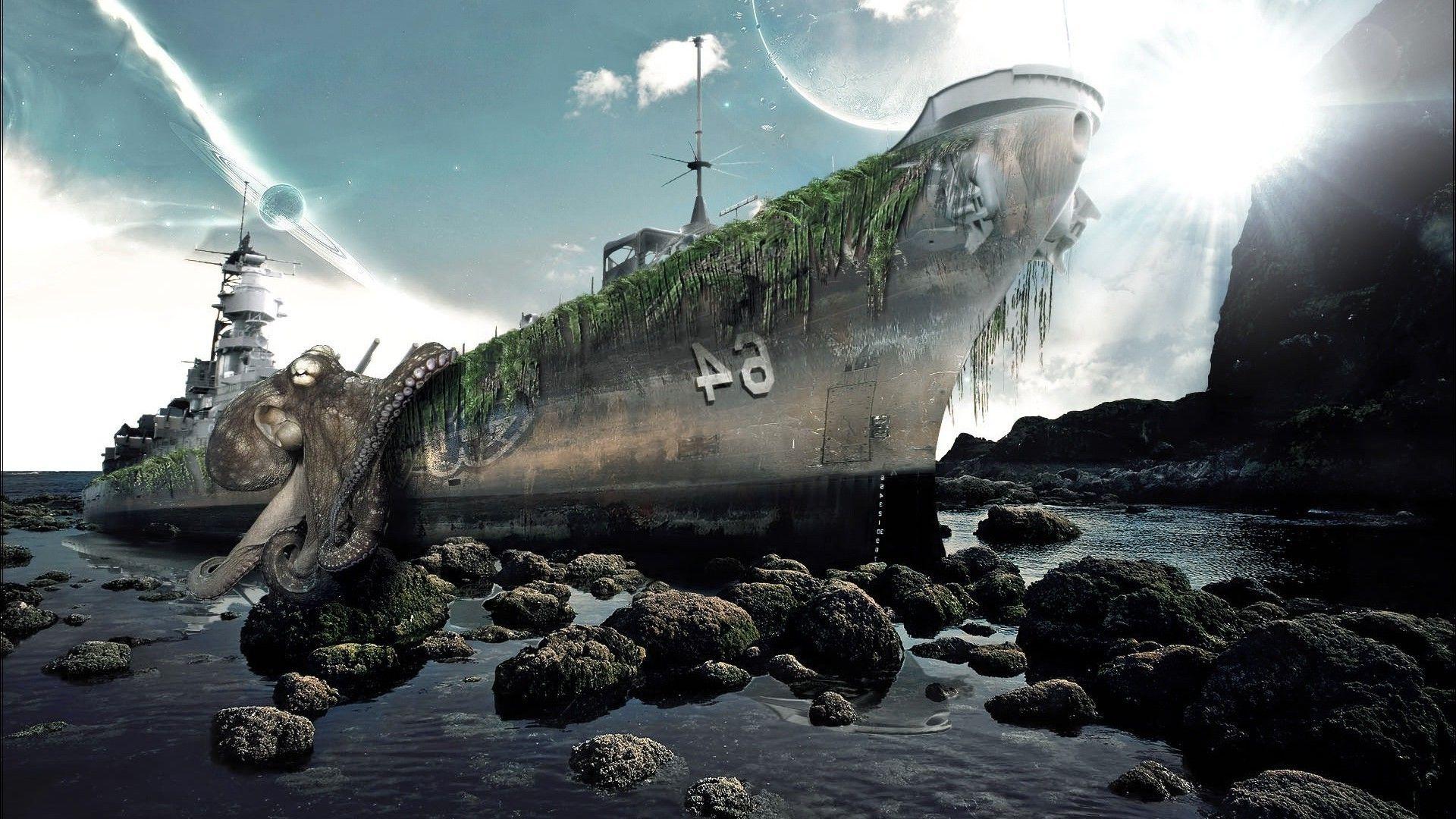 1920x1080 Giant squid and warship