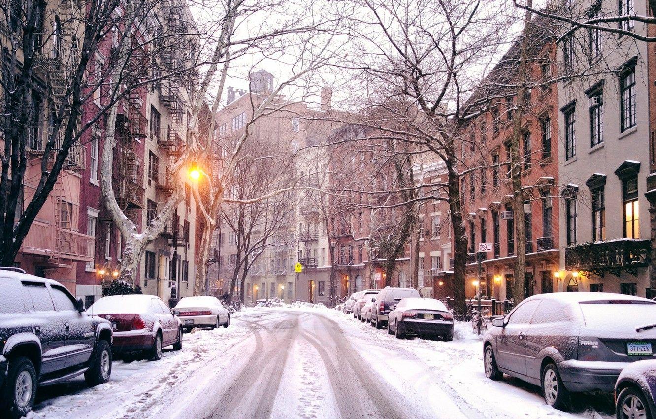 1332x850 Wallpaper winter, road, light, snow, trees, machine, the city, street, building, home, New York, lights, USA, USA, New York, NYC image for desktop, section город