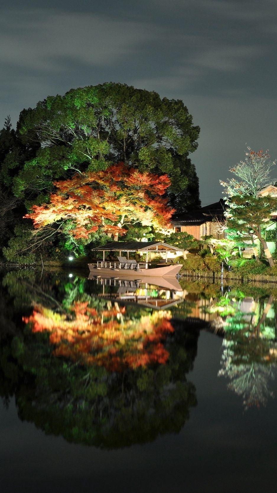 938x1668 Download Wallpaper 938x1668 Evening, Trees, Light, House, Coast, Japan, Reflection, Boat Iphone 8 7 6s 6 For Parallax HD Background