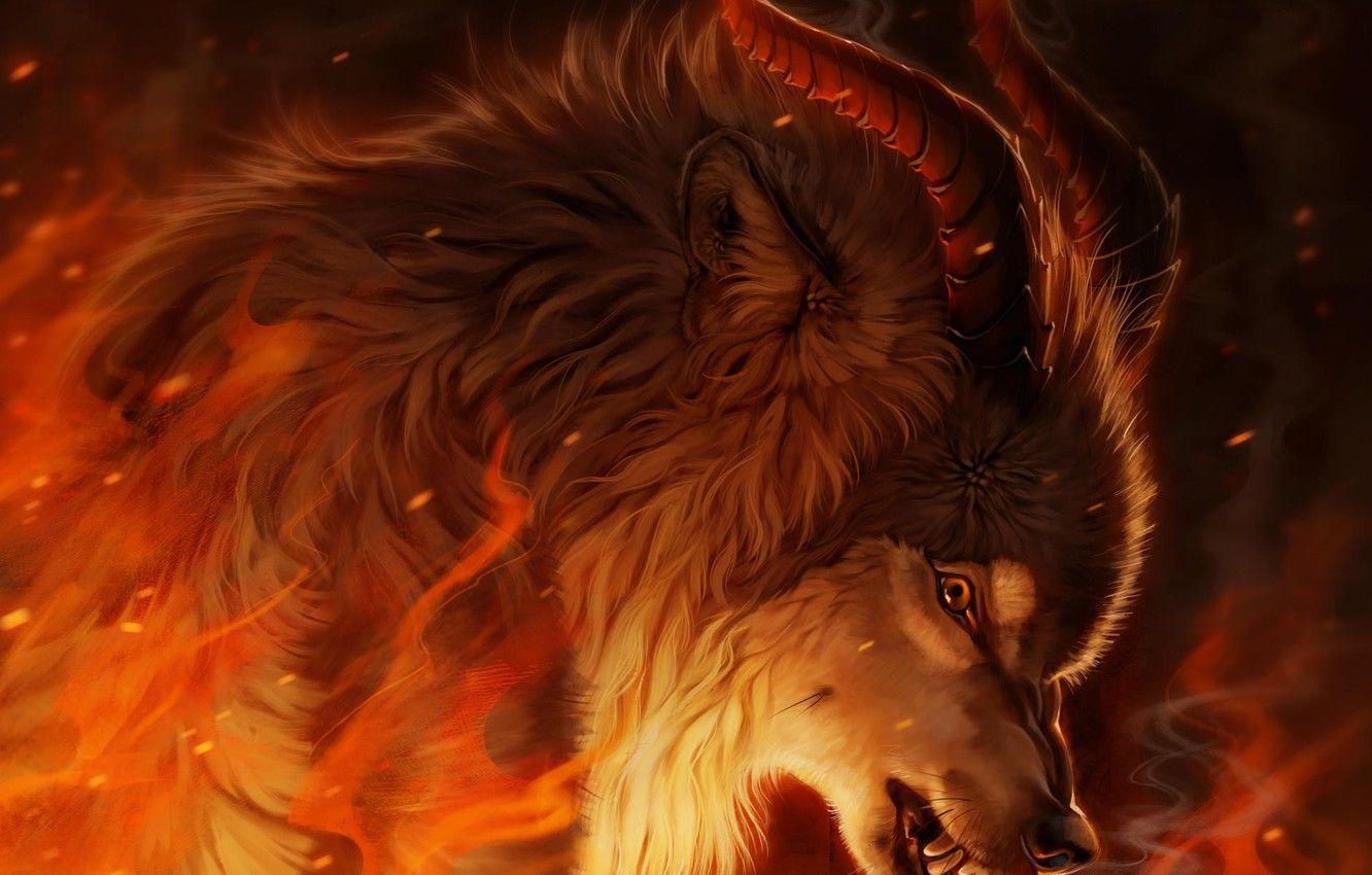 1332x850 Photo Wallpaper Fire, Wolf, Fantasy, Horny, By Pixxus Wolf Beast