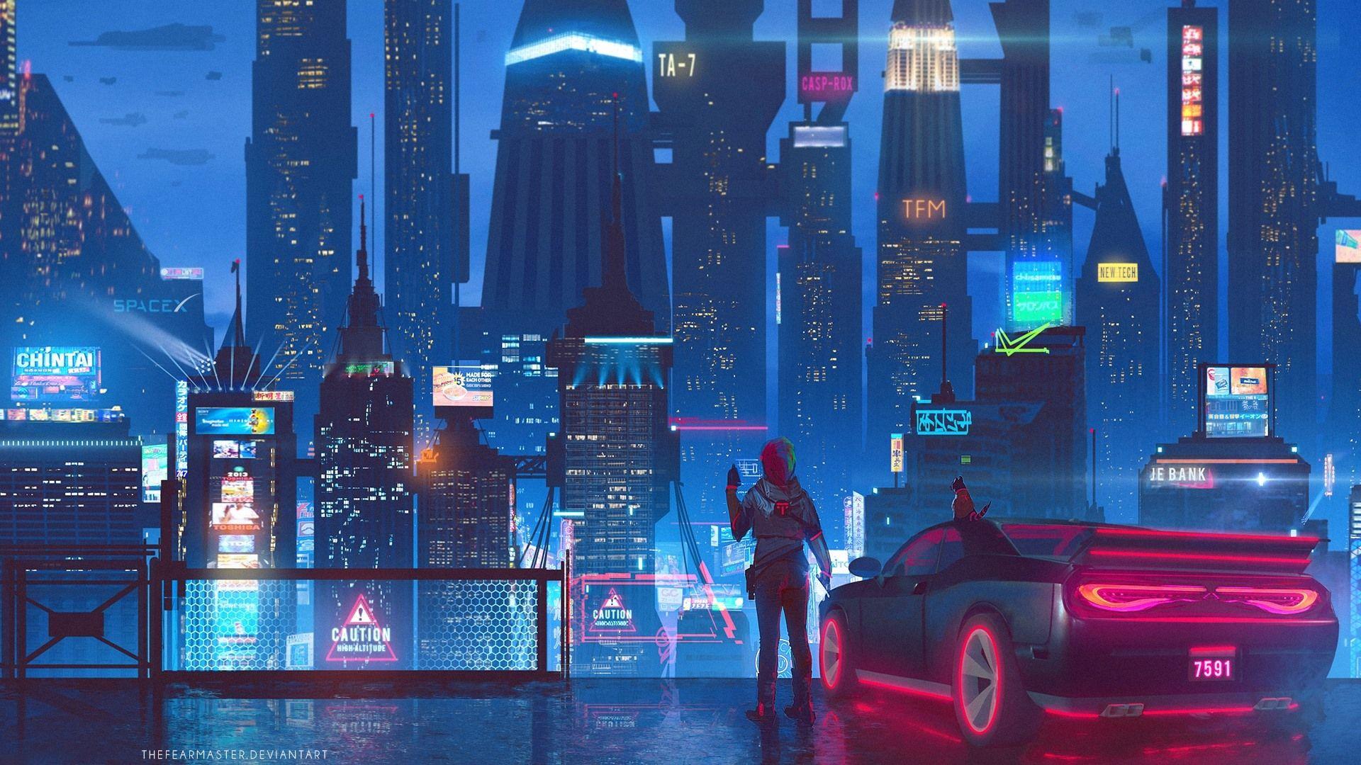 1920x1080 Wallpaper Future city, skyscrapers, lights, night, girl, art picture 1920x1080 Full HD 2K Picture, Image