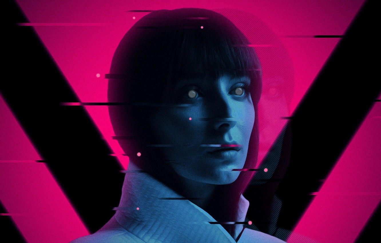 1332x850 Wallpaper Girl, future, eyes, art, neon, cyberpunk, face, pink and blue image for desktop, section фантастика