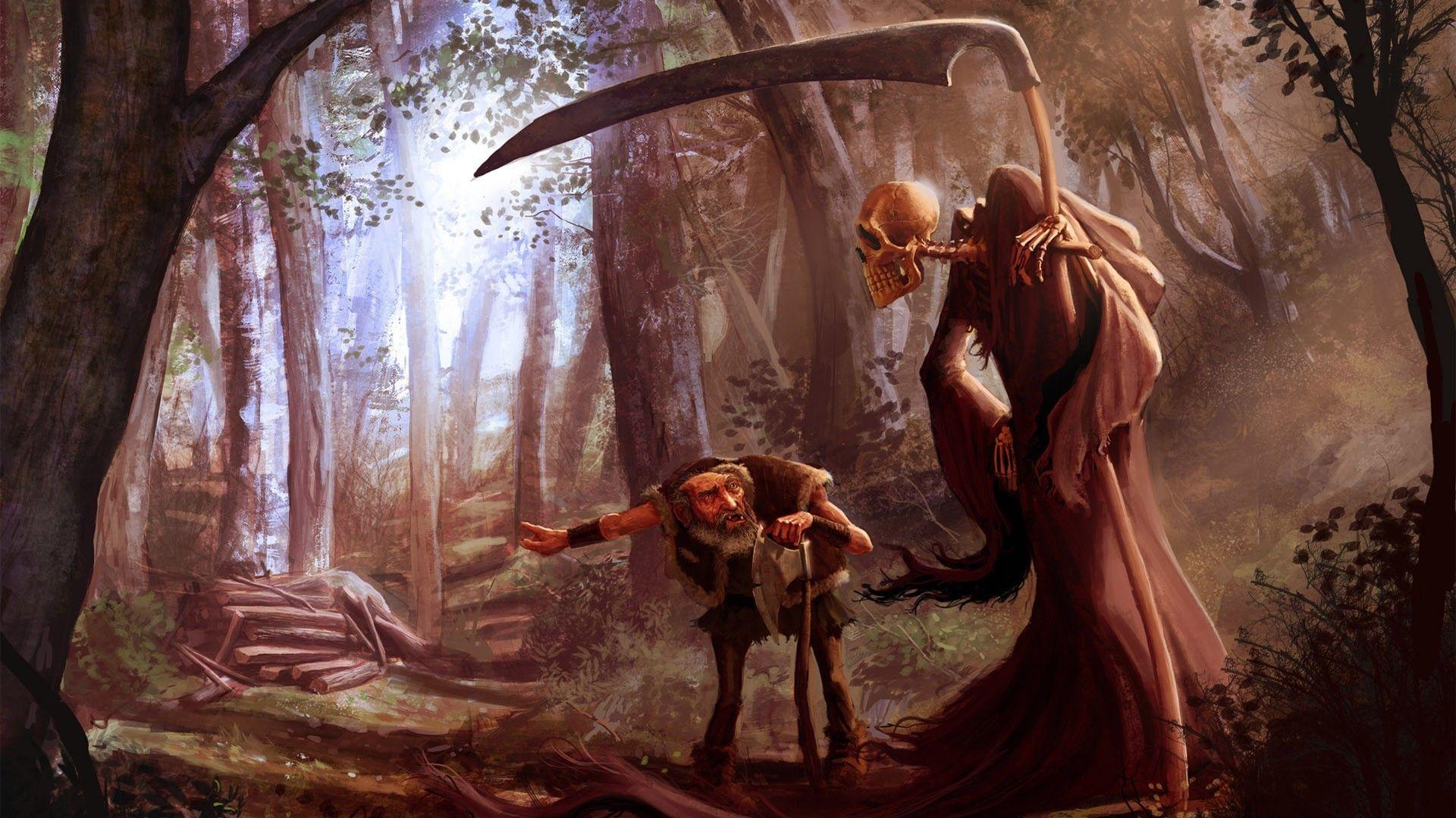 1920x1080 fantasy Art, Drawing, Trees, Forest, Old People, Grim Reaper, Skull, Wood, Death Wallpaper HD / Desktop and Mobile Background