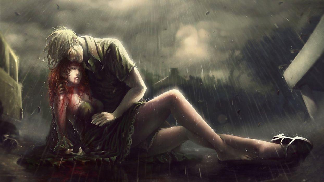 1244x700 Artwork fantasy art rain women red heads blood death love people wallpaperx1080