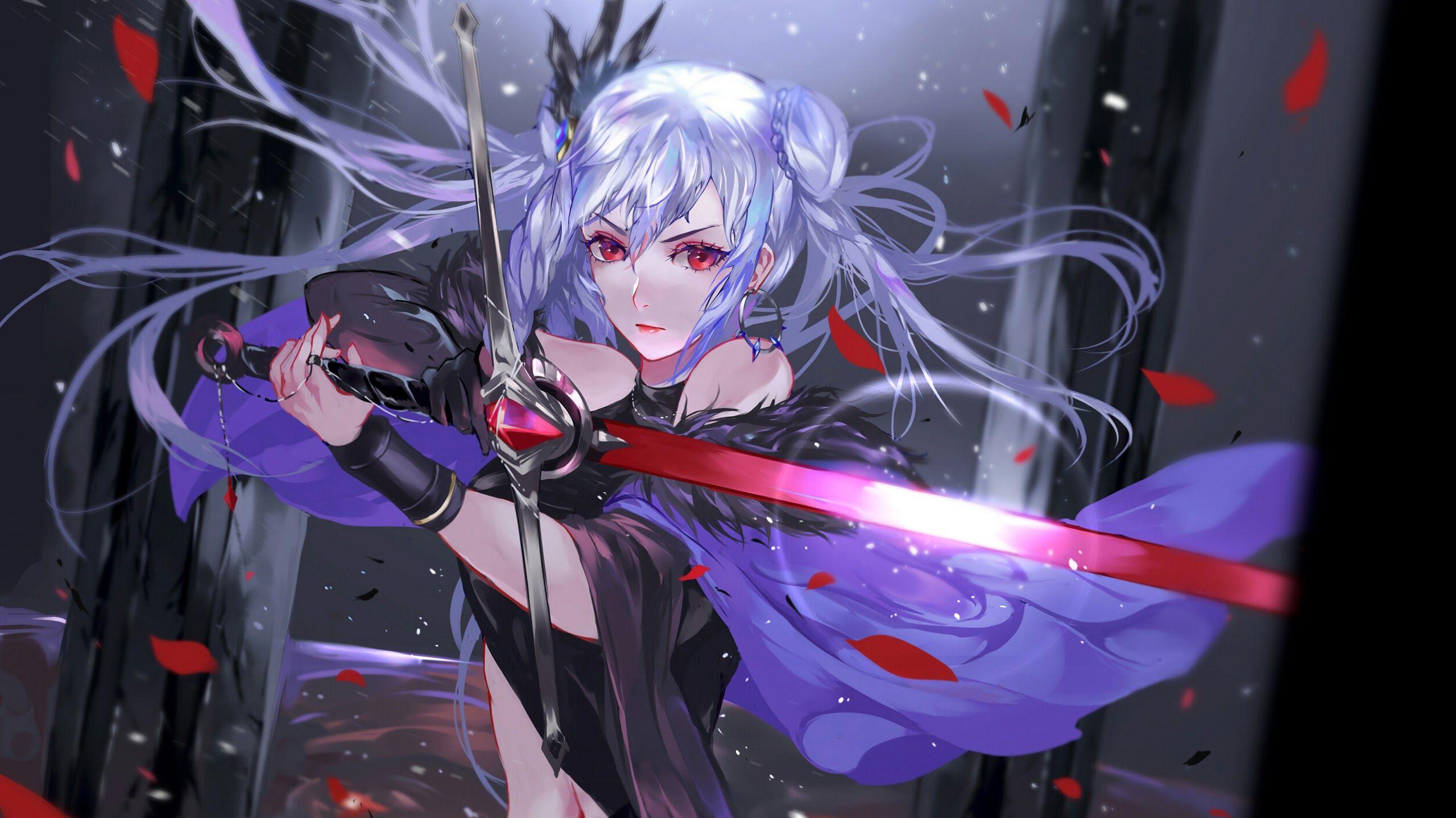 2560x1440 Anime Girl Warrior Fantasy Sword 4K Wallpaper