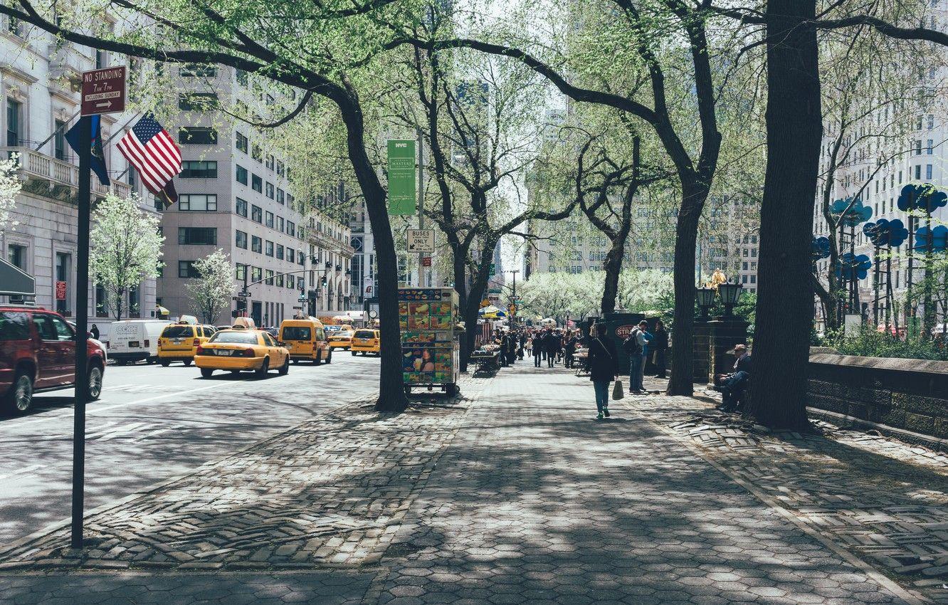 1332x850 Wallpaper USA, United States, trees, New York, Manhattan, NYC, New York City, street, people, Central Park, flag, flags, buildings, America, United States of America, pavement image for desktop, section город