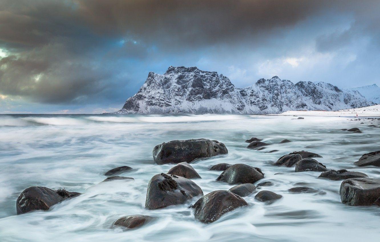 1332x850 Wallpaper sea, mountains, stones, coast, Norway, Norway, Lofoten, The Norwegian sea, Lofoten, Norwegian Sea, Vestvågøy, Utakleiv beach, Norwegian fishing village, Beach Outclaim image for desktop, section пейзажи