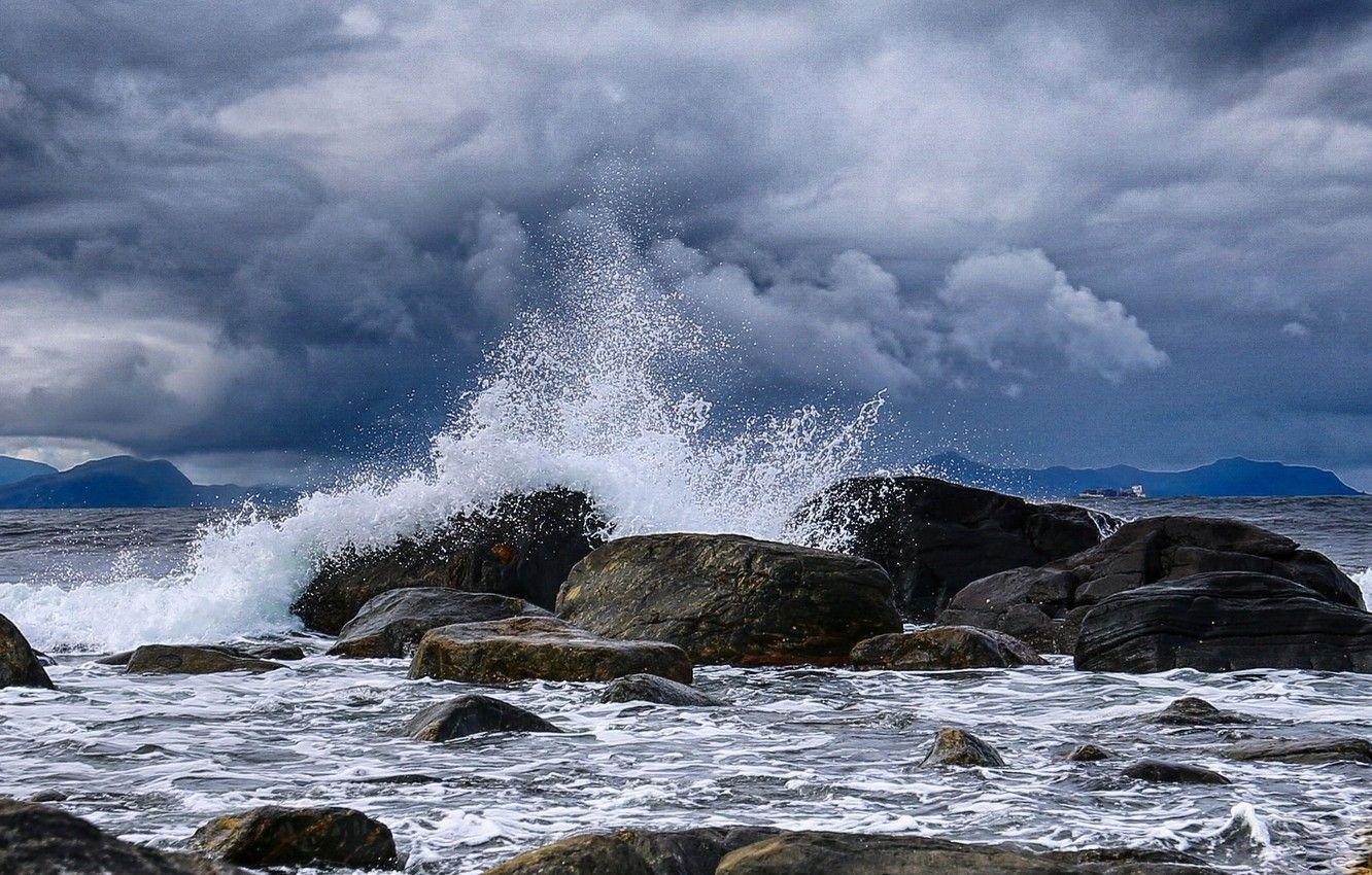 1332x850 Wallpaper wave, storm, stones, coast, Norway, Norway image for desktop, section природа