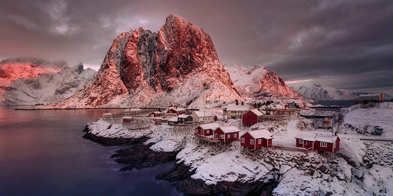 1280x640 Desktop Wallpaper Norway Reine Nordland Crag mountain Snow Coast