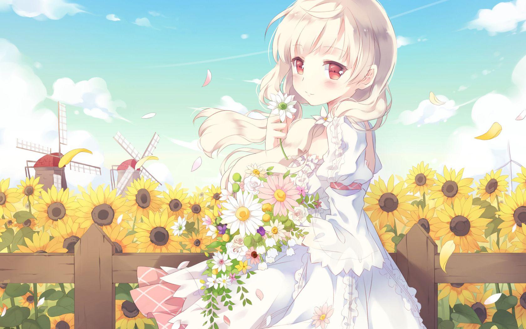 1680x1050 Cô gái anime xinh đẹp với bó hoa trên tay Hình nền máy tính 1680x1050