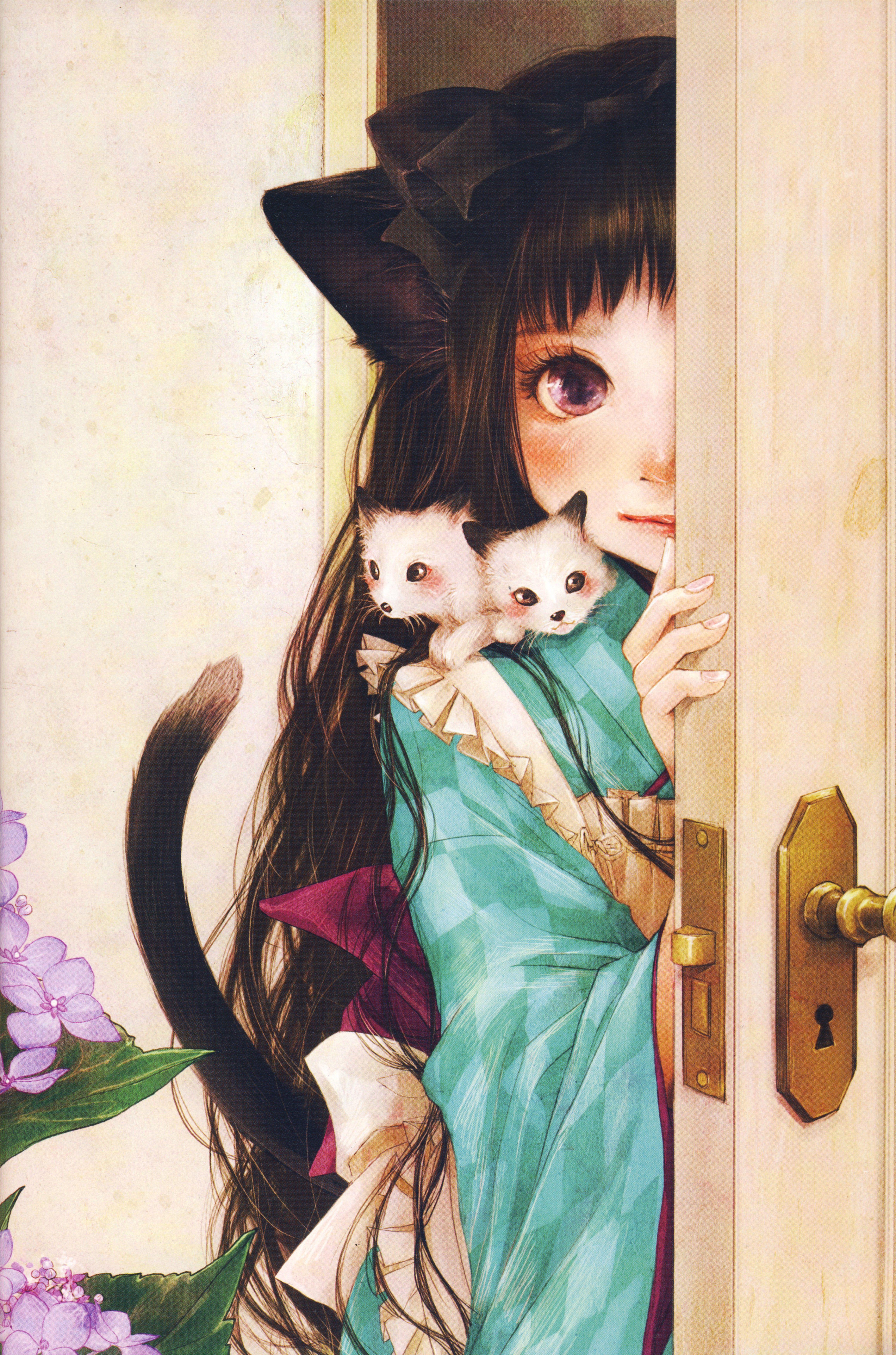 4624x6993 Anime flower girl artwork beautiful long hair animal cats cute wallpaperx6993