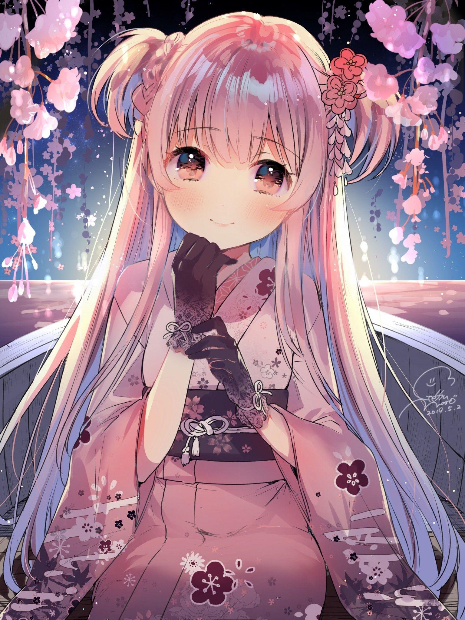 1536x2048 Anime Girl, Tóc dài, Kimono, Moe, Dễ thương, Găng tay, Hoa - Anime Wallpaper Girl Cute