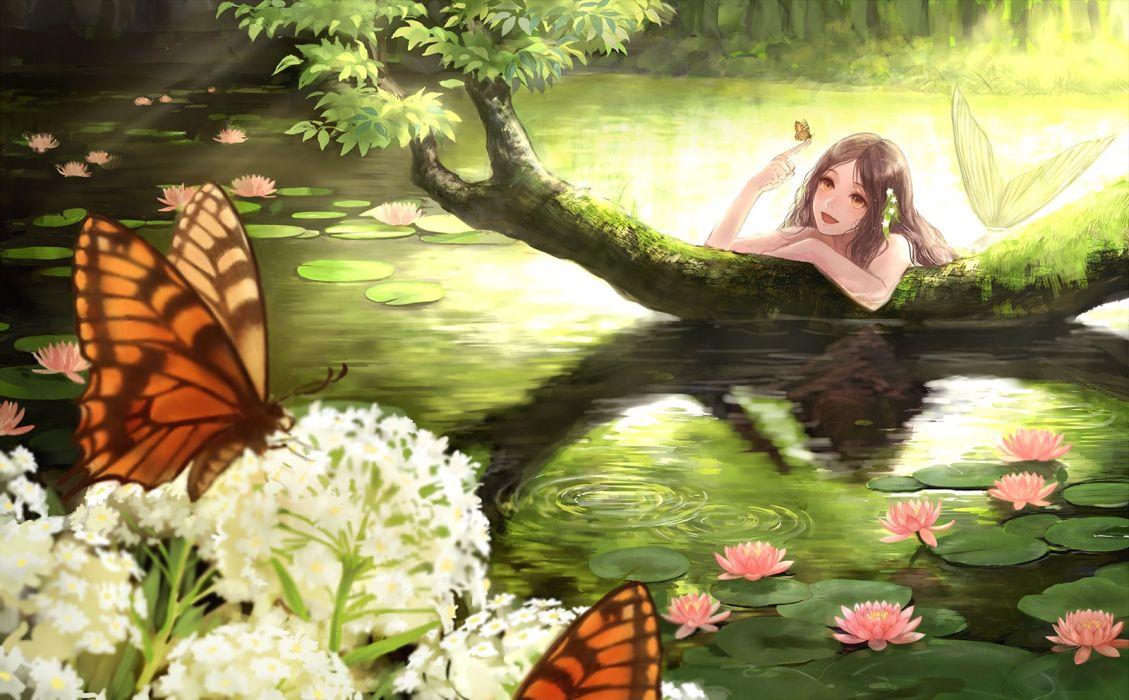 1129x700 Mermaid butterfly smile flower original anime girl beautiful long hair romiy beauty wallpaperx992