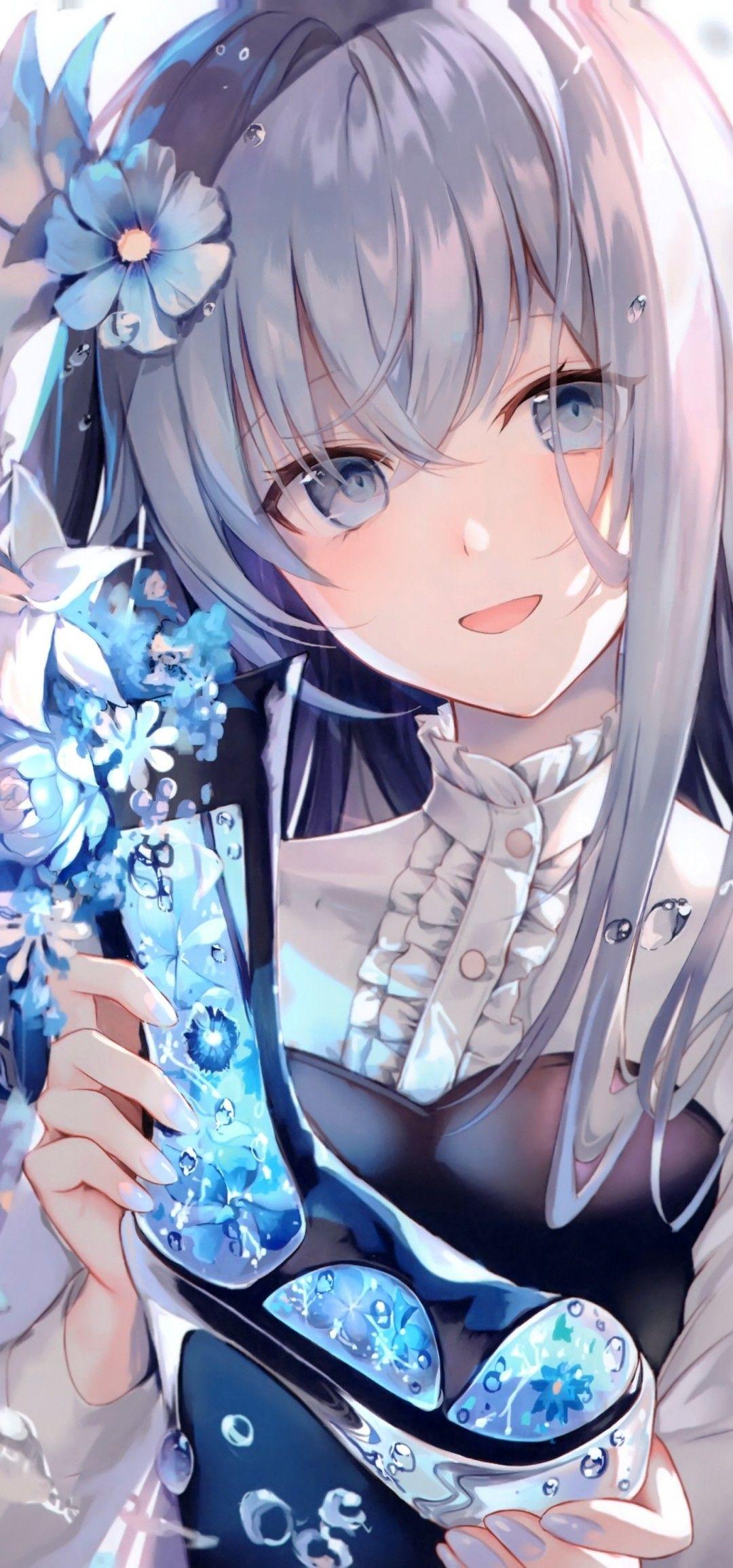 1080x2310 Download 1080x2310 Beautiful Anime Girl, Gray Hair, Smiling, Blue Flowers, Glass Shoe Wallpaper for Honor View 20