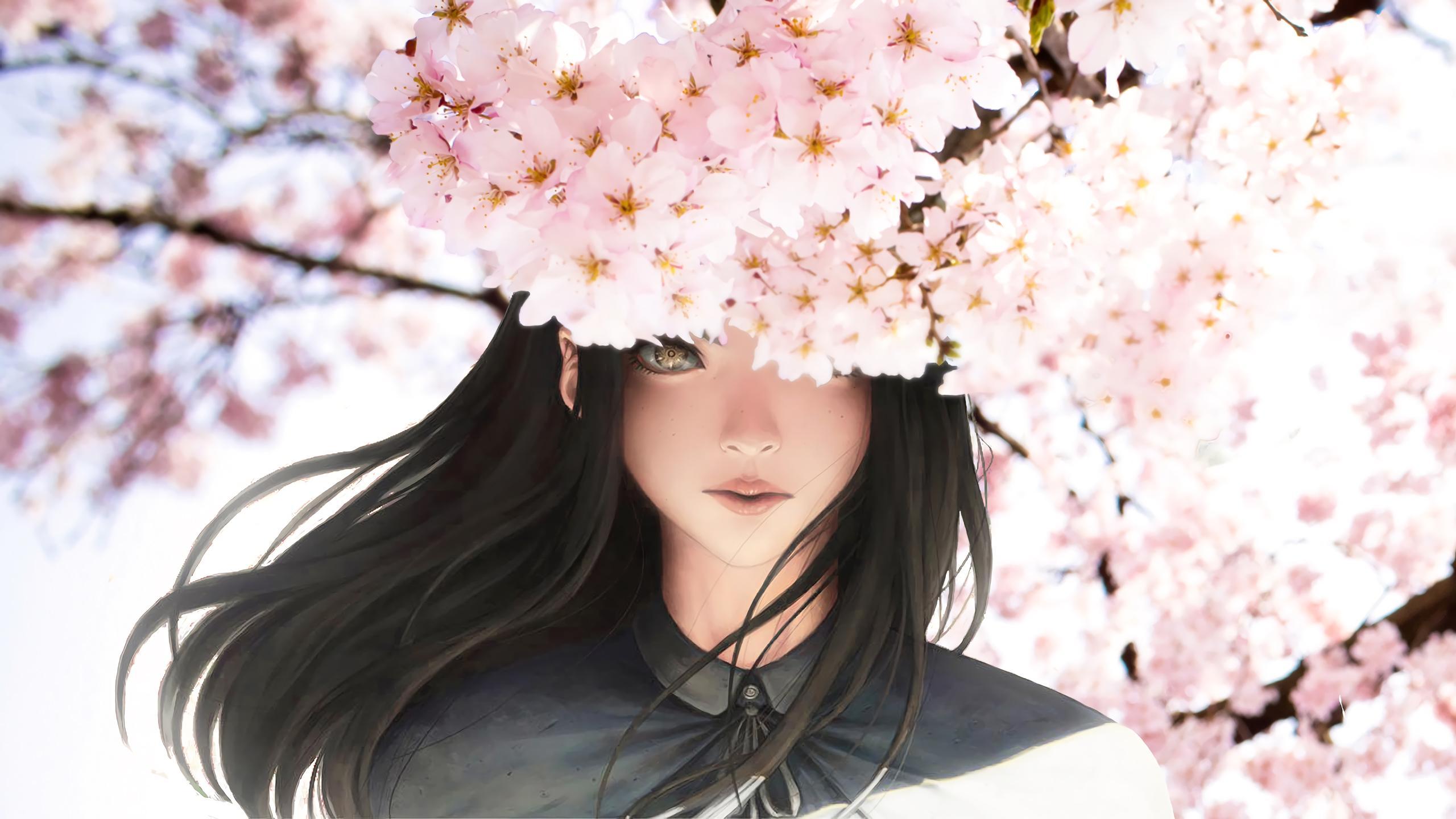 2560x1440 Cherry Blossom Anime Girl Hình nền