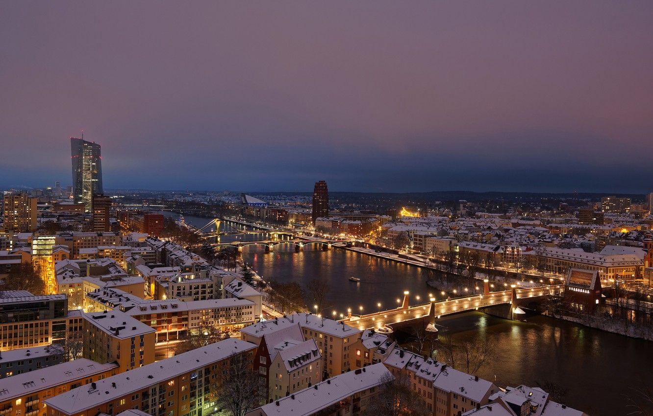 1332x850 Wallpaper winter, snow, night, lights, river, home, Germany, roof, bridges, the view from the top, Frankfurt am main image for desktop, section город