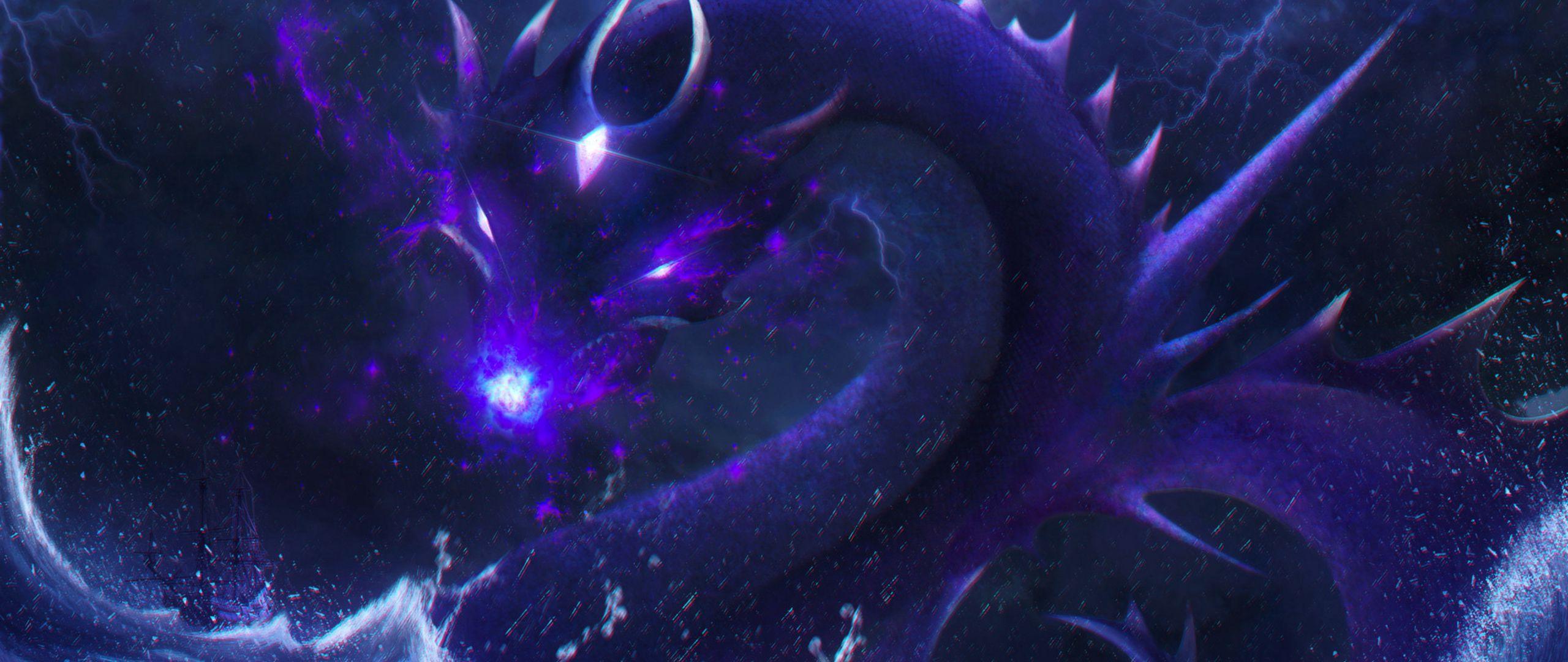 2560x1080 Download wallpaper 2560x1080 dragon, art, neon, waves, dark dual wide 1080p HD background