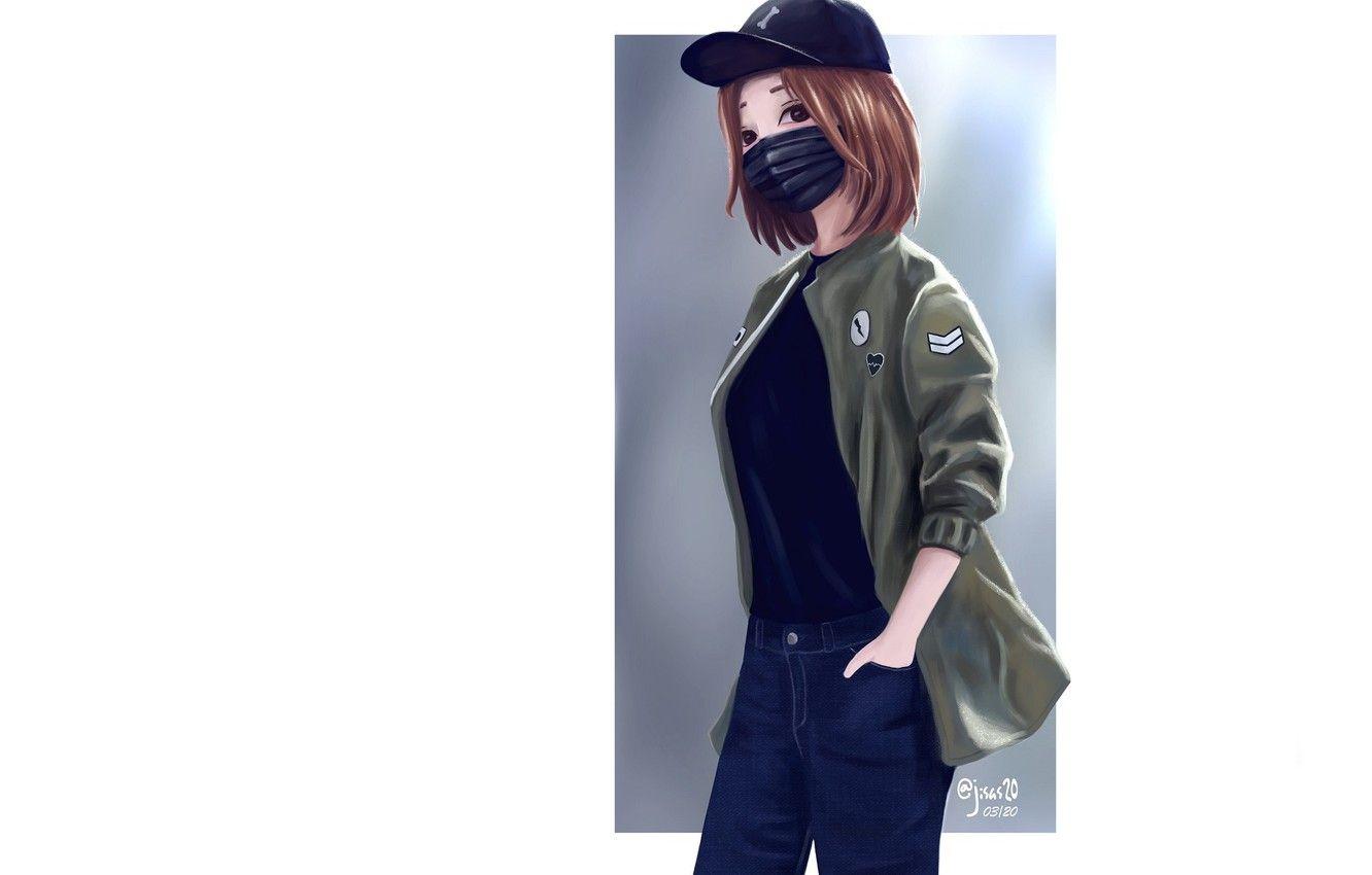 1332x850 Wallpaper girl, jeans, jacket, white background, baseball cap, medical face mask, by dante rh image for desktop, section арт