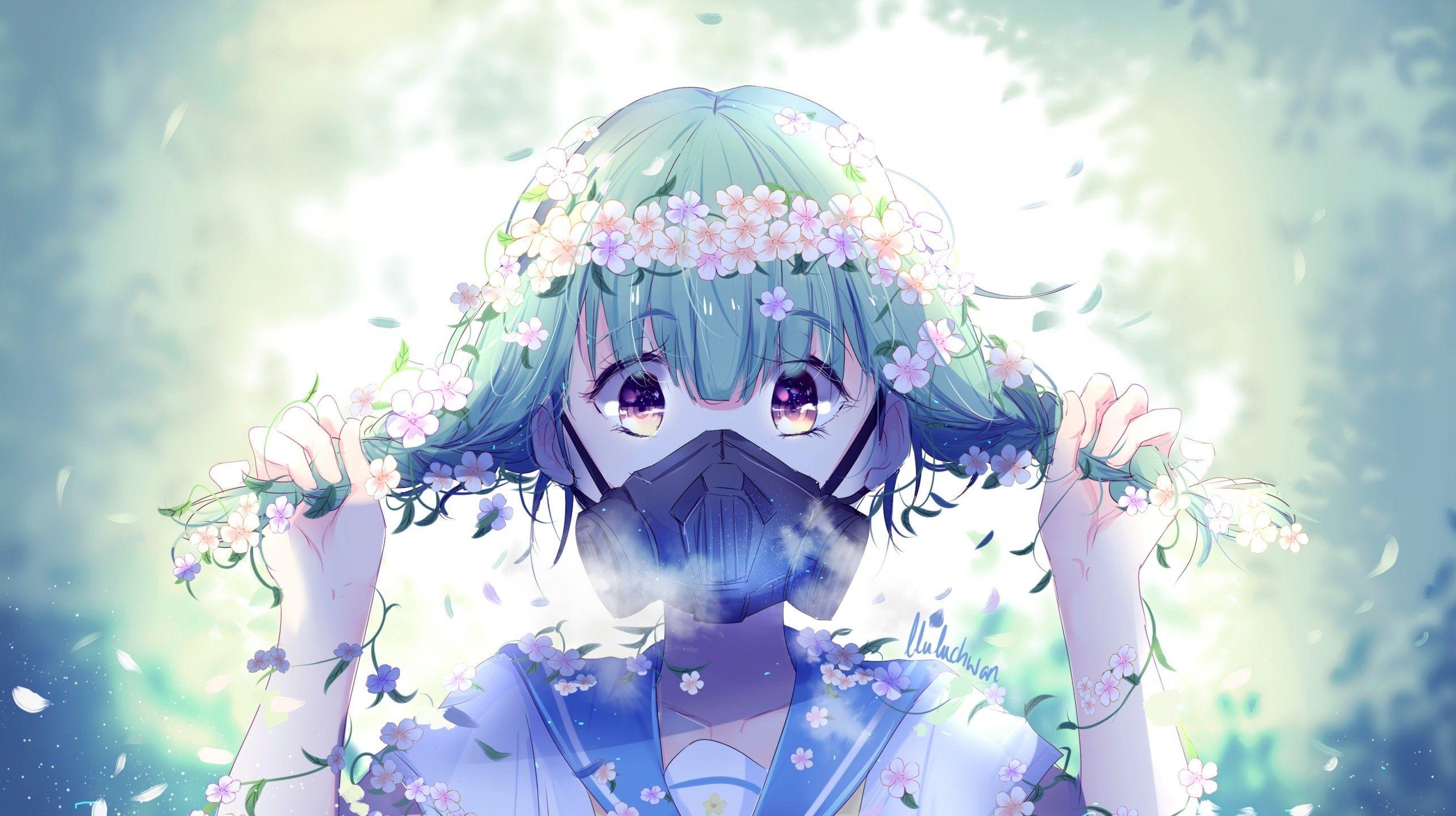 2568x1440 Download 2568x1440 Anime Girl, Gas Mask, Flowers, Short Hair, School Uniform Wallpaper