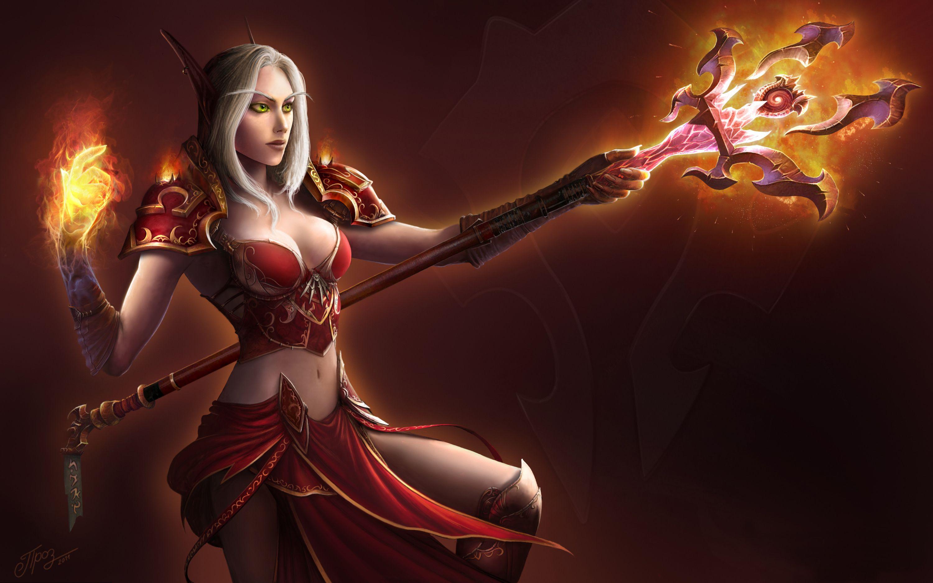 3000x1877 Wallpaper. Games. photo. picture. fire, blood elf, mage, wow, staff
