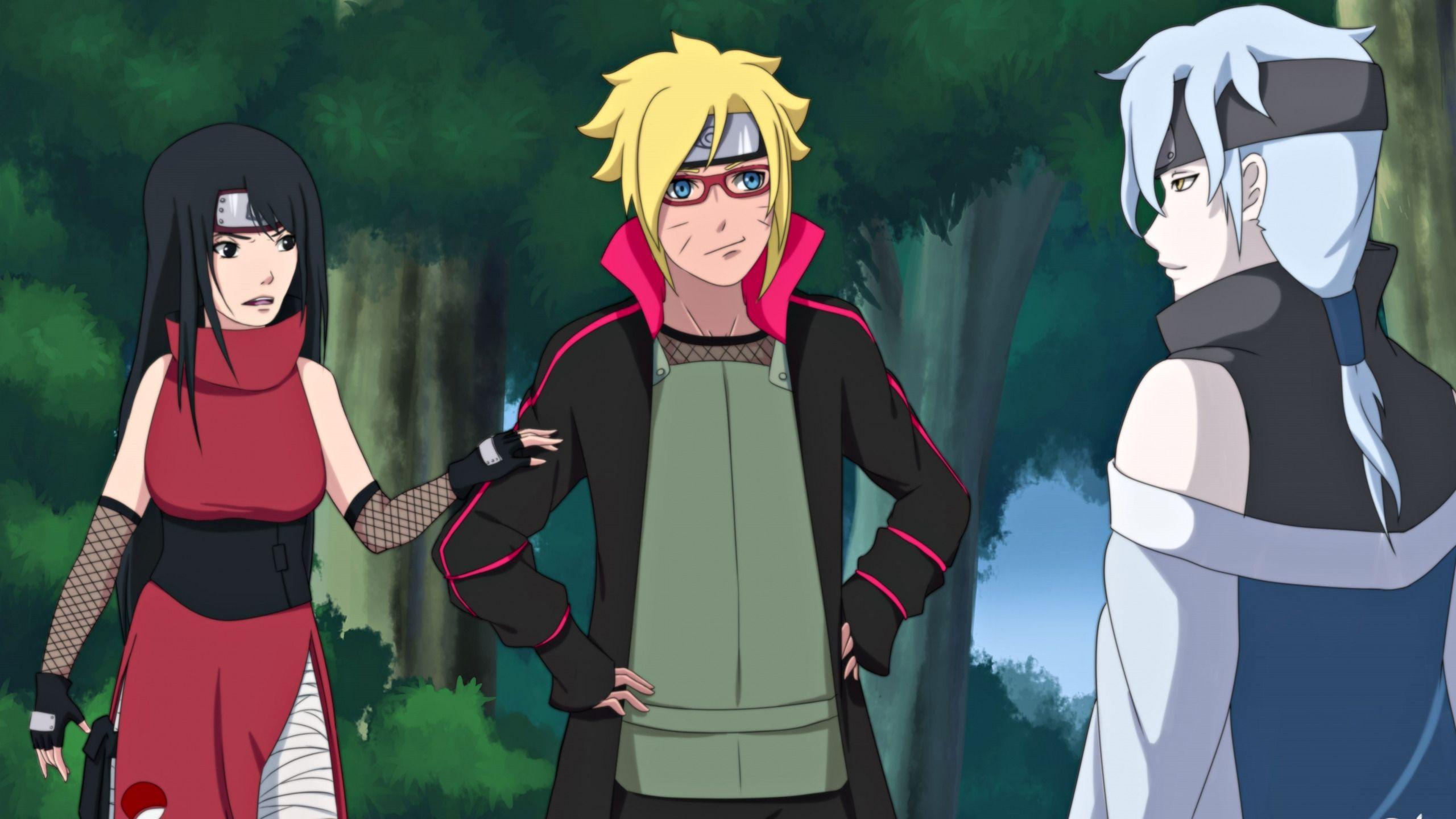 2560x1440 Download wallpaper game, Naruto, anime, ninja, asian, manga, shinobi, japanese, oriental, asiatic, hitaiate, Konoha, Uchiha Sarada, Uzumaki Naruto, Mitsuki, by yozoraarashi, section shonen in resolution 2560x1440