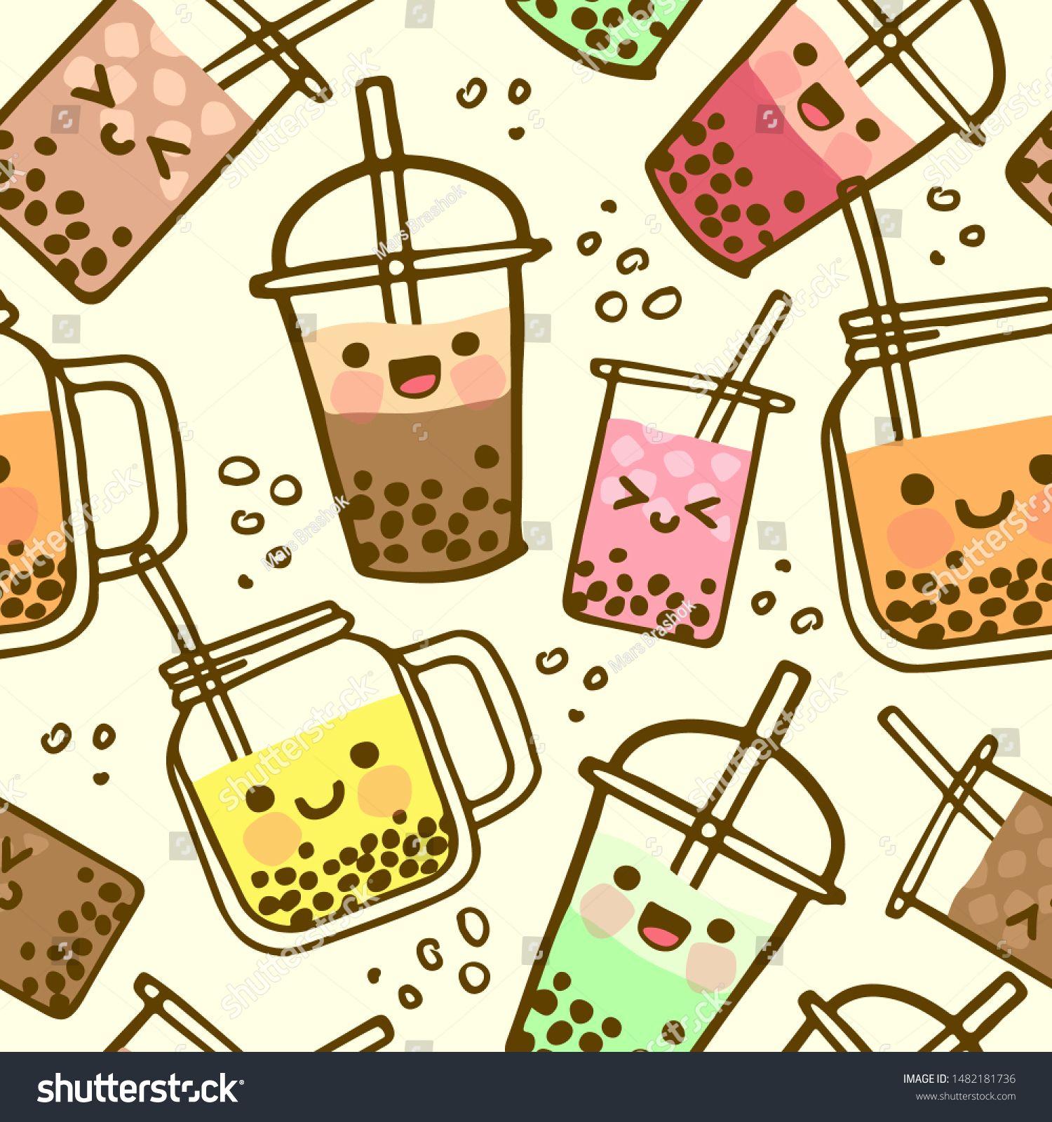 1500x1600 Bubble milk tea funny seamless pattern. Hand drawn kawaii smiled drinks. Cute cartoon vector illustration. Colorful bac. Tea funny, Bubble milk tea, Tea wallpaper