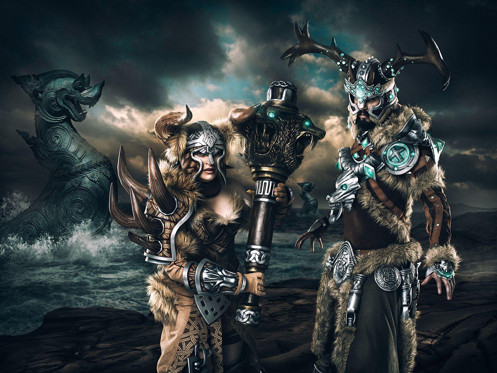 1600x1200 Picture Girls Armor Man Helmet warrior Two viking Fantasy 1600x1200